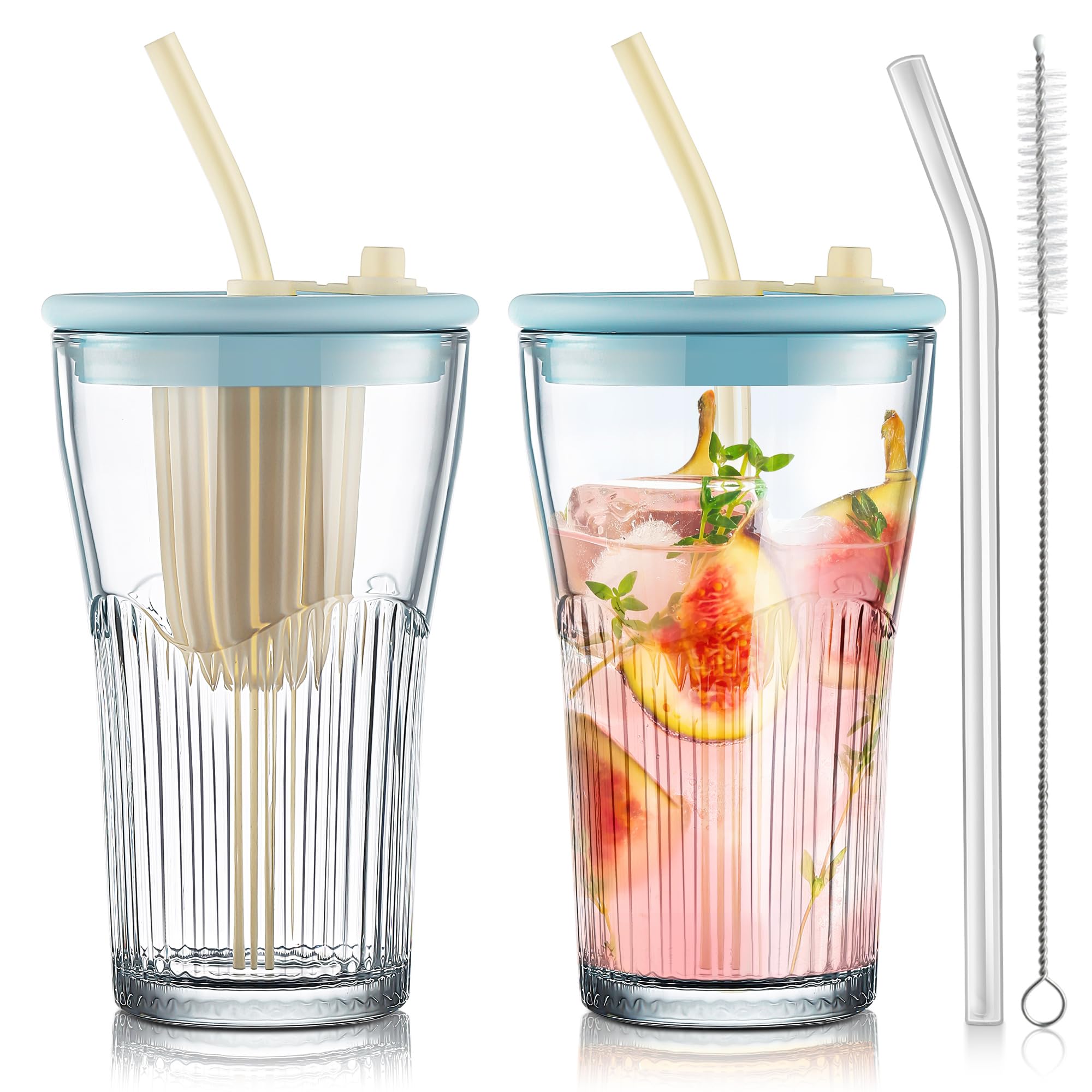 Joeyan Lot de 2 Transparent Verre avec Paille et Bleu Couvercle, 450ml Gobelet,Tasses à Café Glacé Nervurées,Verre a Eau avec infuseur à thé pour bubble tea matcha limonade,Passent au Lave-vaisselle
