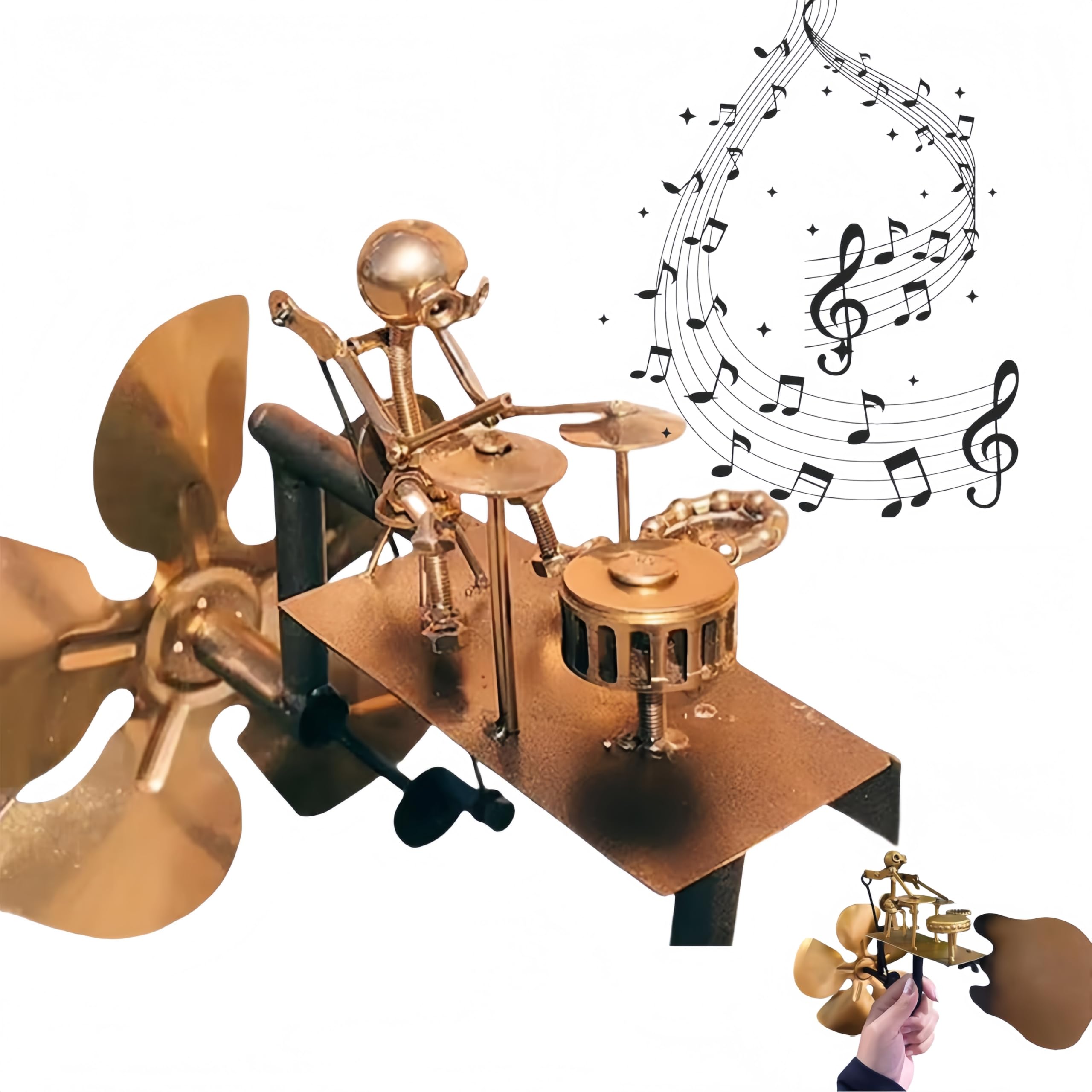 Moulin à vent en métal fait main, sculpture cinétique à énergie éolienne avec roulements, figurines et statues de percussionniste pour jardin, pelouse, patio (oro)