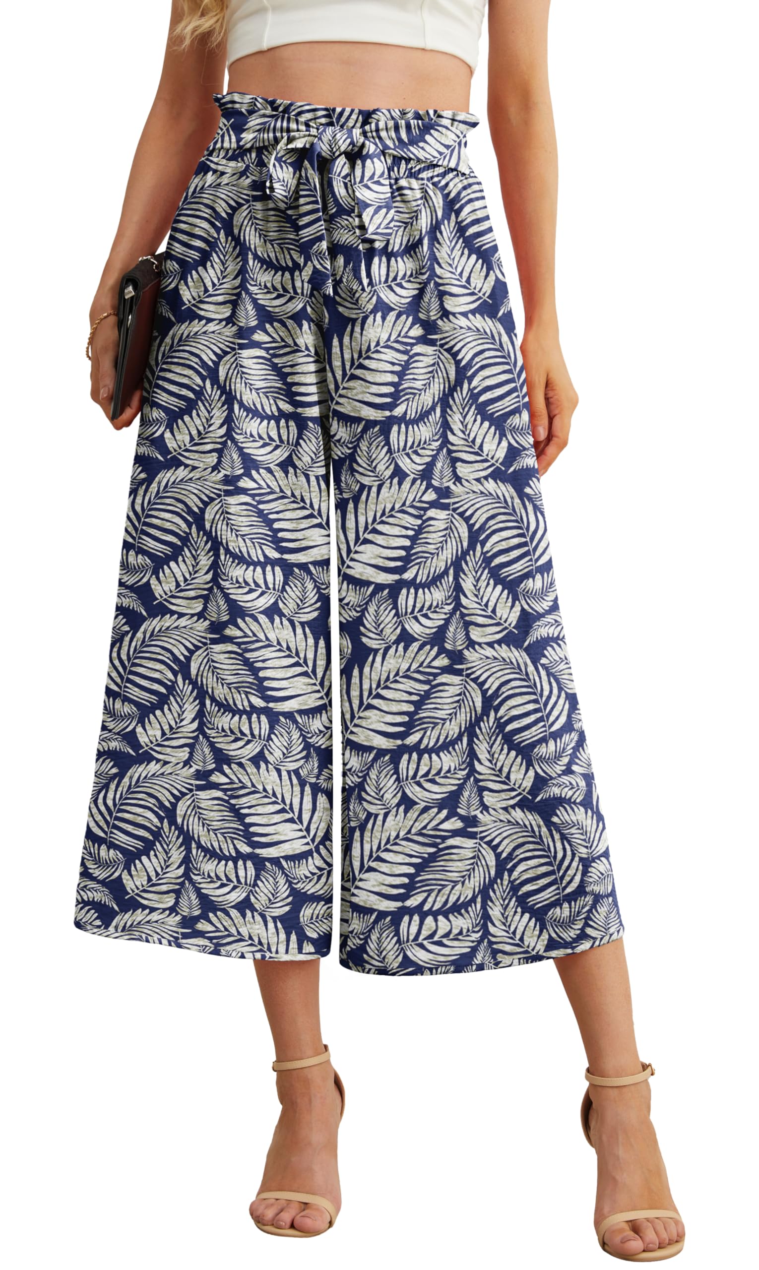 IWOLLENCE Women Flowy Loose Wide Leg Pant Summer Beach Casual Trousers high Waist Adjustable Knot Business Work Casual Pants