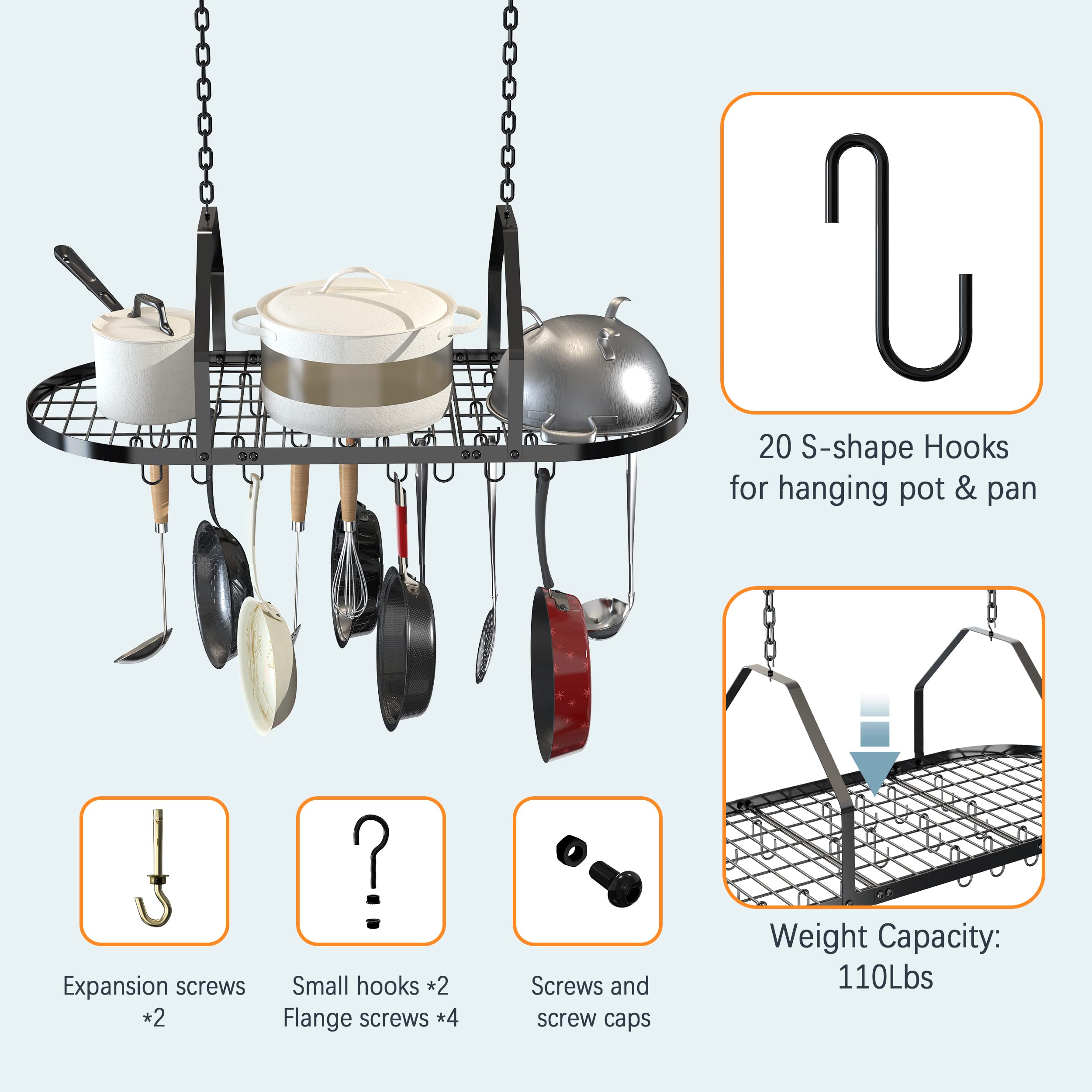 Scaffale per pentole e padelle, organizer da cucina, organizer multiuso per casa, ristorante e cucina, con 20 ganci rimovibili (nero)