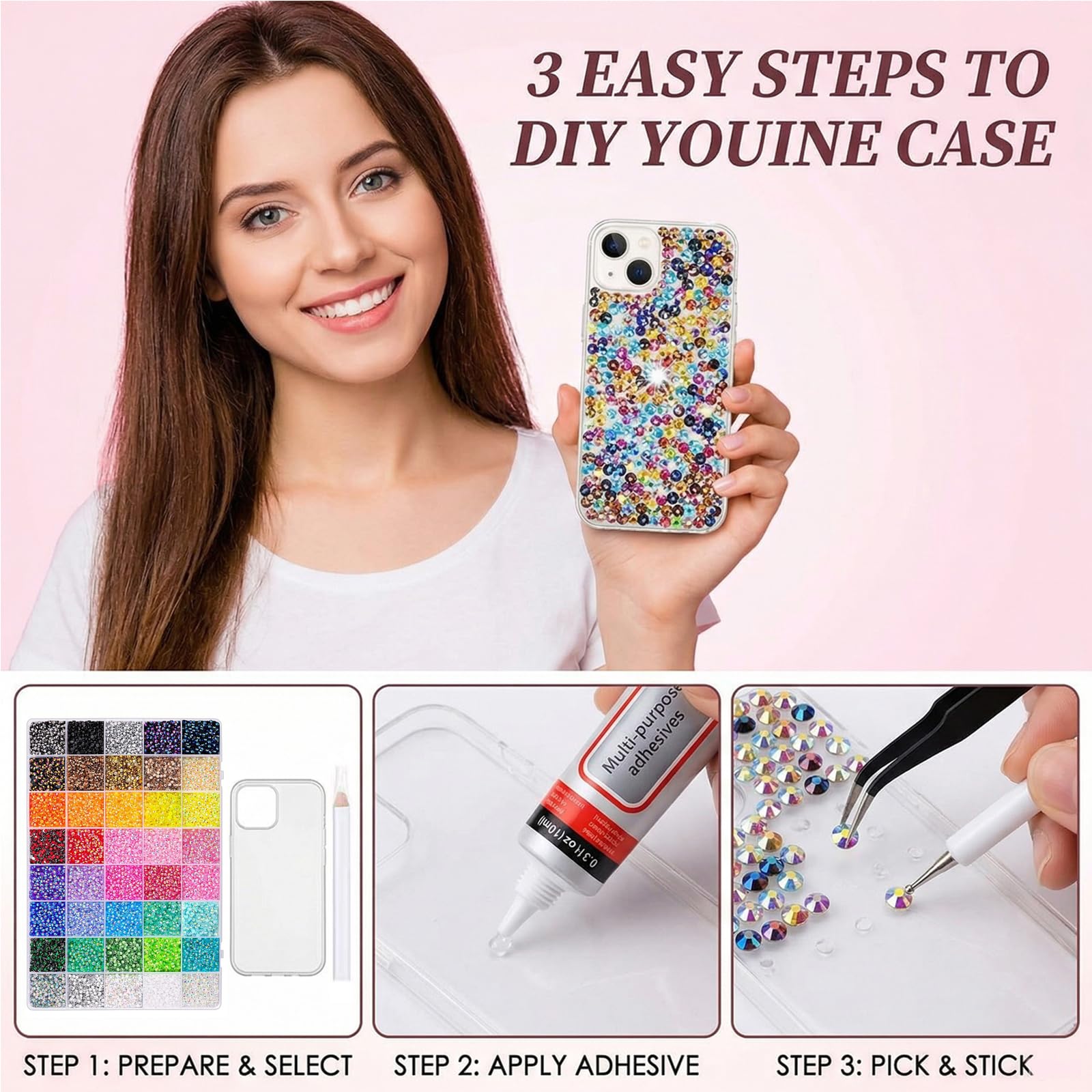 Bedazzling - Kit con colla e penna, kit di strass Bedazzle in 40 colori, multicolore con retro piatto, gemme arcobaleno per fai da te, kit di strass Bedazzler per abbigliamento, scarpe, libri per
