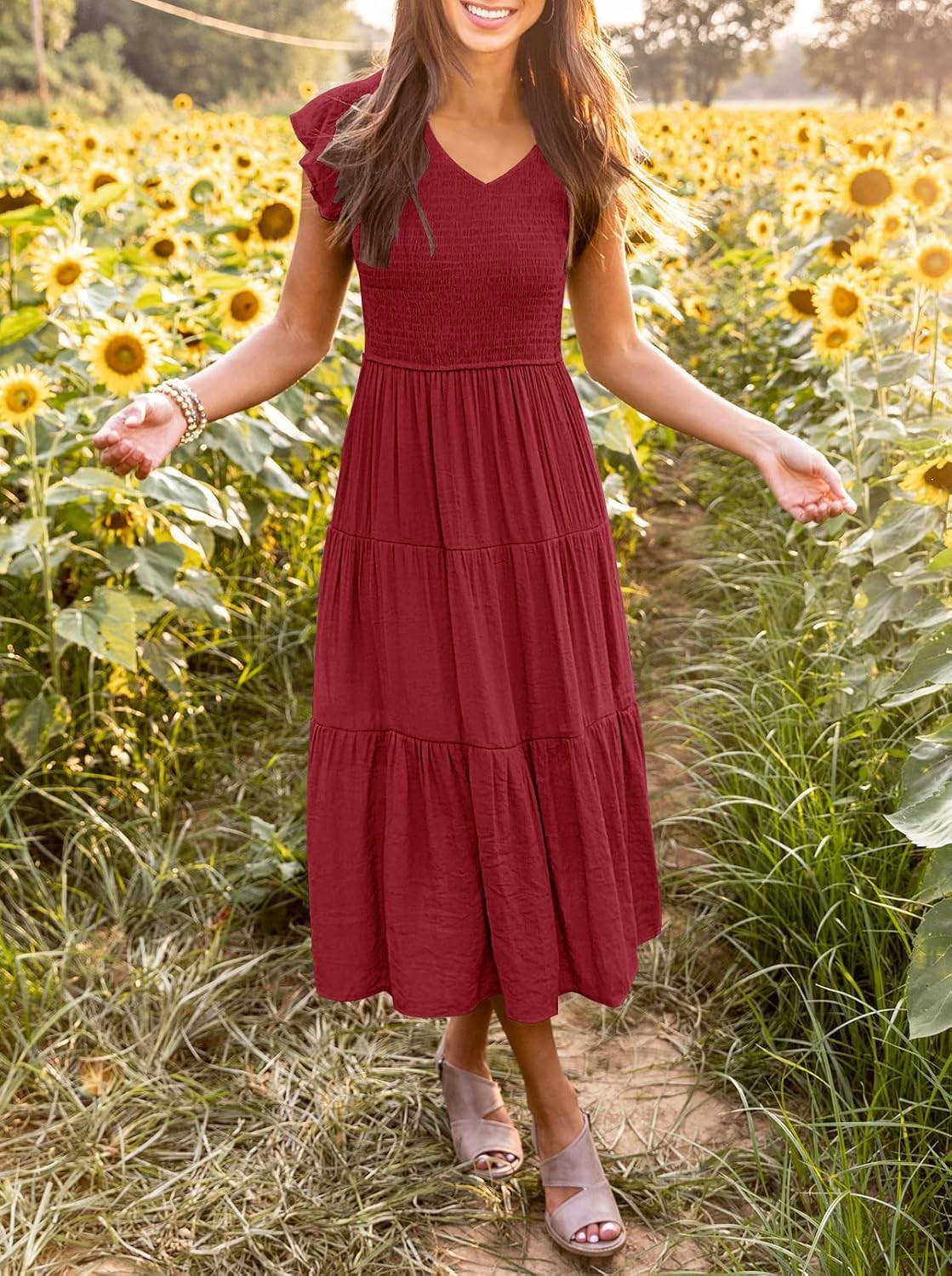 MEROKEETY Women's Summer 2026 Casual Midi Dress Flutter Sleeve V Neck Smocked Tiered Beach Vacation Dresses - Image 3