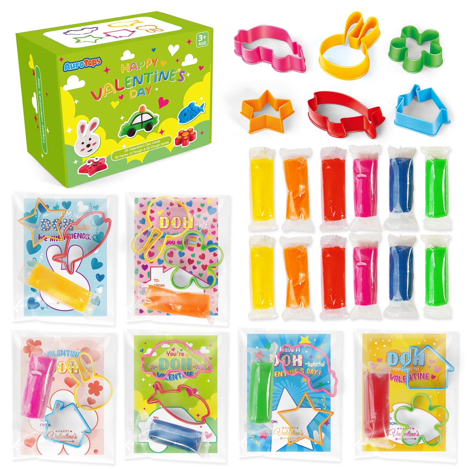 30 Pack Valentine's Day Cards for Kids - 30 pack of Colorful Playing Dough and 60 Molds for School Classroom Valentine's Gift Exchange, Valentine's Party Favors for Kids, Valentine's Gifts for Kids