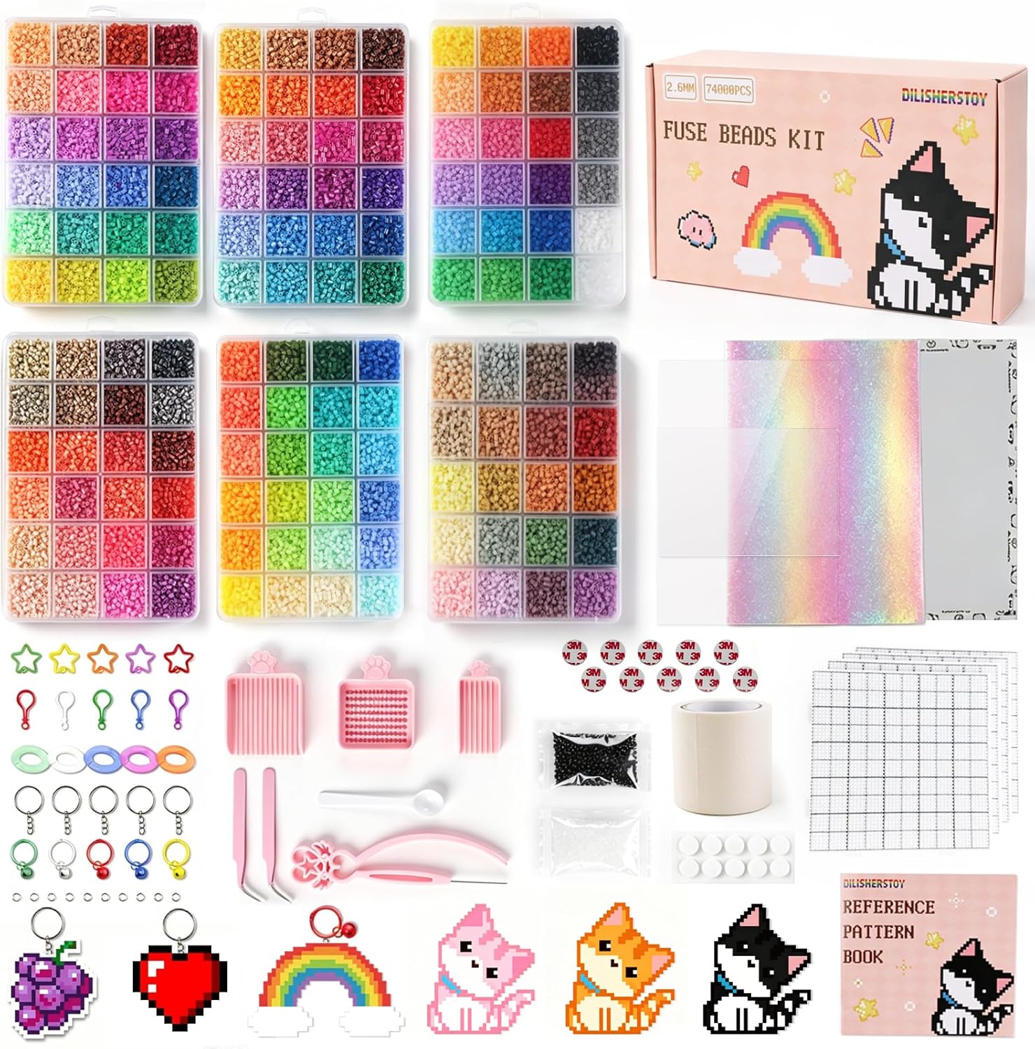 74000+Pcs Fuse Beads Kit, 144 Colors 2.6mm Mini Fuse Bead Kit, 200+ Patterns, DIY Crafts Supplies for Women, Ideal Christmas Birthday Party Gift for Women, Wall Art Room Decor, All-in-One
