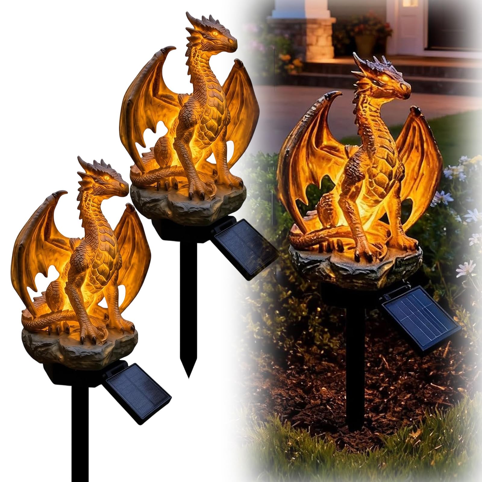 Pealeaf Solar Dragon Garden Statue with LED Lights, Outdoor Garden Ornament Solar Powered Dragon Figurine for Lawn Patio Pathway Yard Decor, Fantasy Dragon Gift for Garden Lovers (A2)