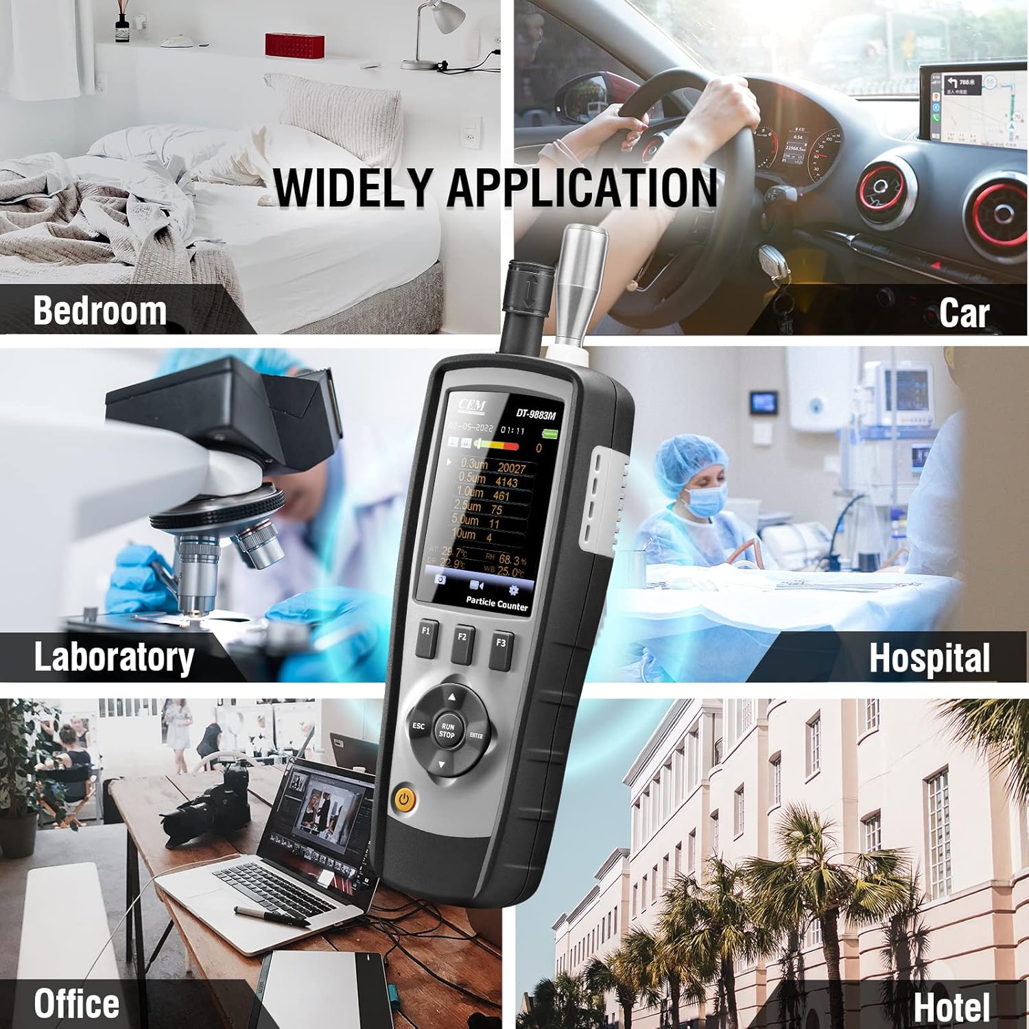 CEM T.ax Included DT-9883M cleanroom Particle Counter PM2.5/10 HCHO CO2 TVOC Air Particle (0.3,0.5,1.0,2.5,5.0,10μm Supports Photos and Camera