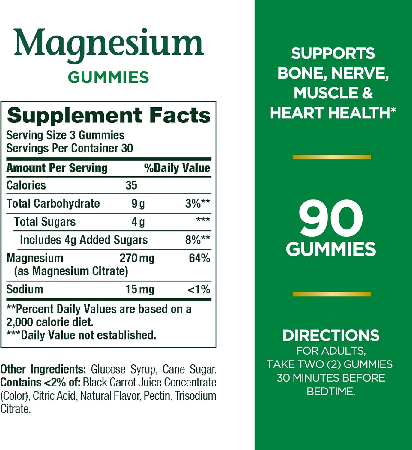 Nature's Bounty Magnesium Citrate Gummies for Adults,Supports General Health,Bone,Nerve,Muscle & Heart Health Support,270mg per Serving,Vegan,Non-GMO - Raspberry,90 Count (Pack of 3)