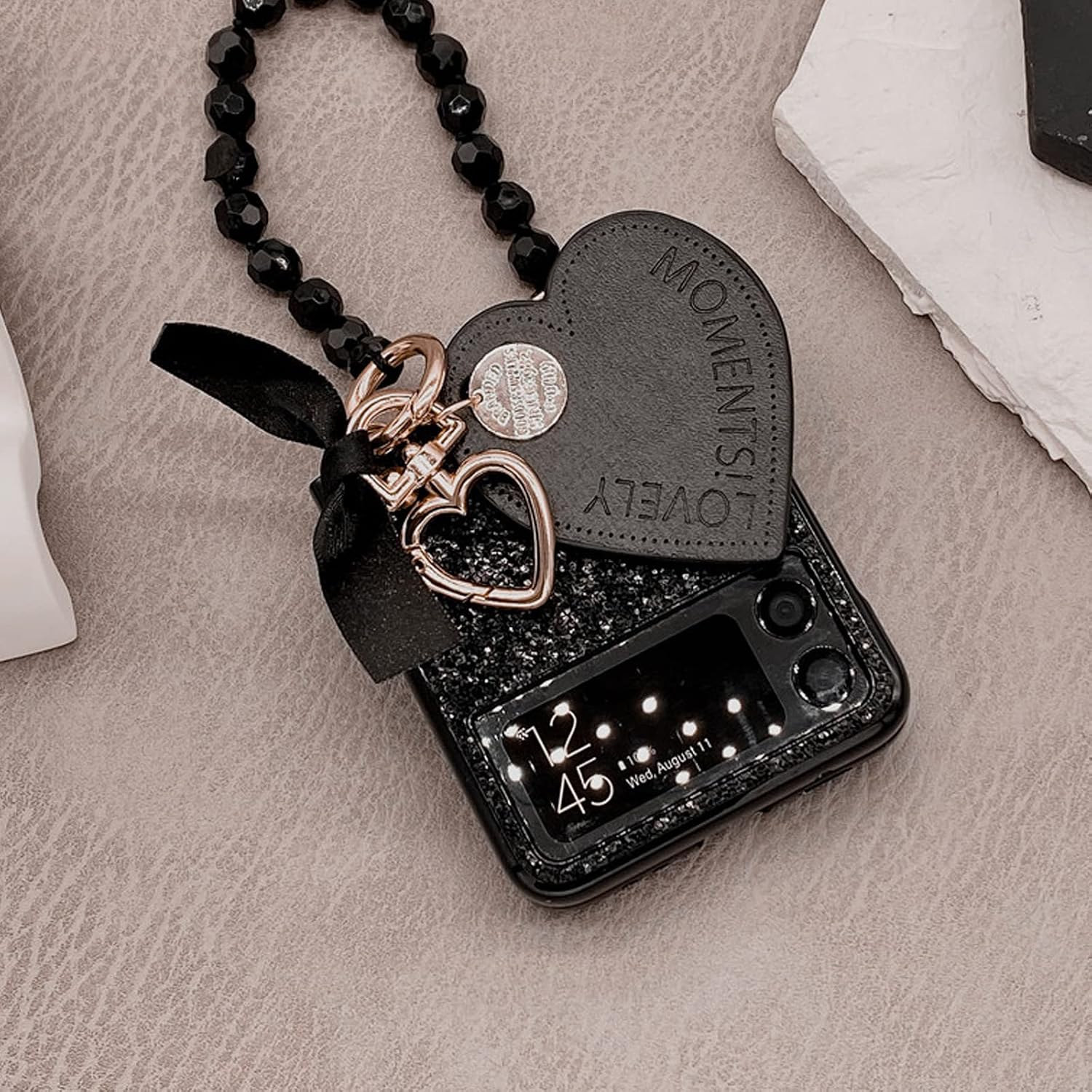 Galaxy Z Flip 4 Cute Black Hard Shockproof Bling Case with Two Chains for Women