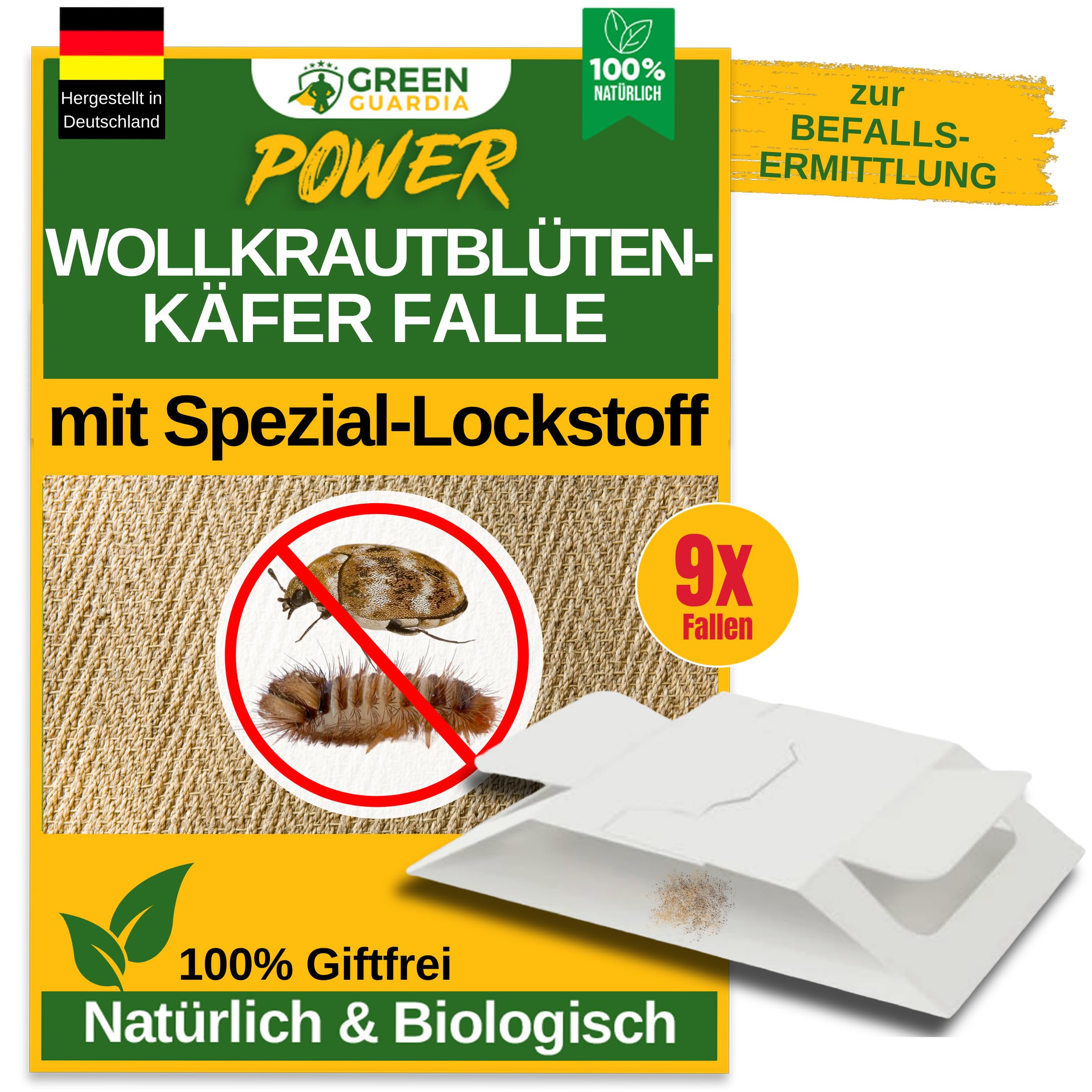 GREEN GUARDIA Wollkrautblütenkäfer Falle mit Spezial-Lockstoff - 9X Fallen - umweltfreundlich Wollkrautblütenkäfer bekämpfen, Chemiefreie Pheromonfalle mit Klebeflächen