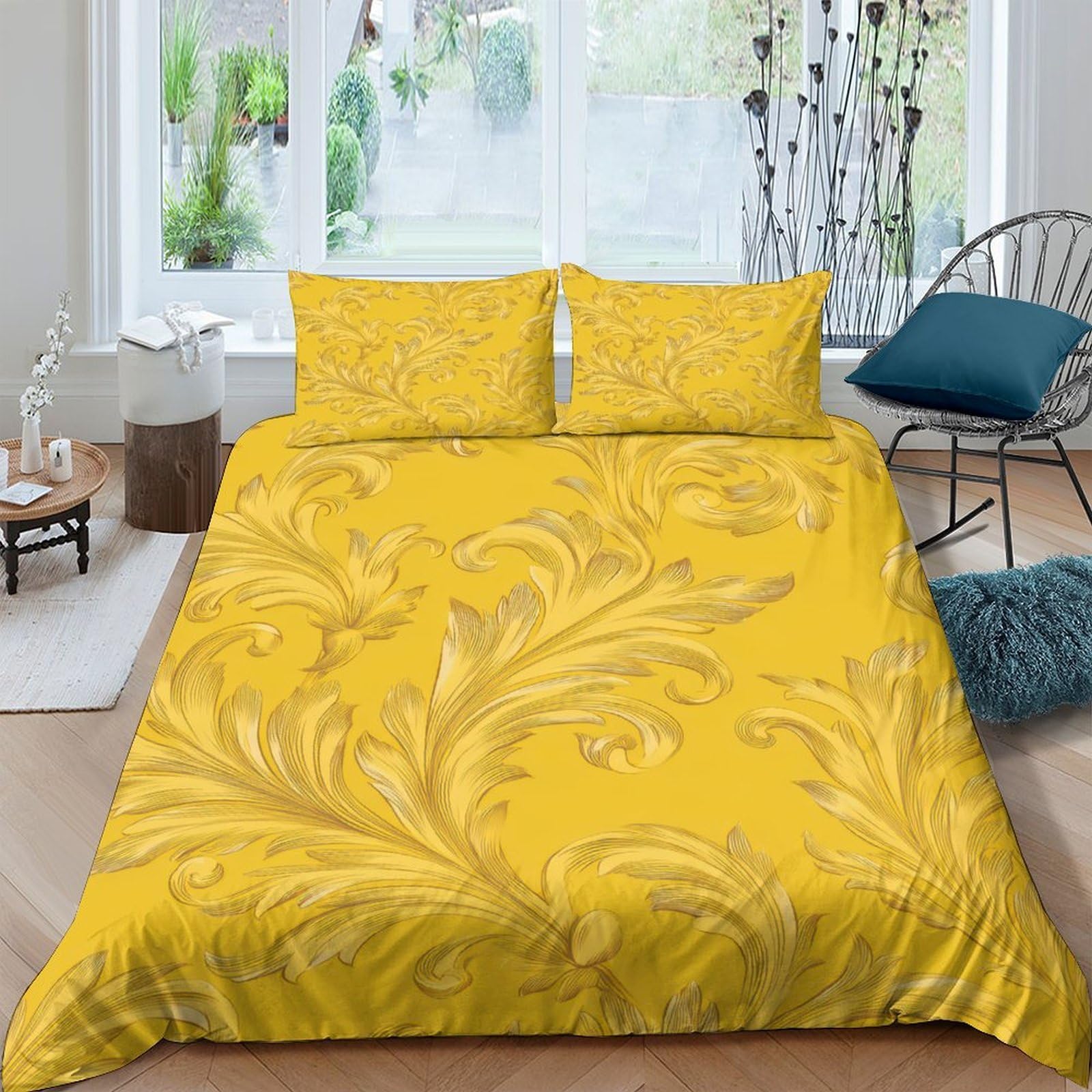 TUFRTGYHN 3D Printed Baroque Floral Duvet Cover Microfiber Soft Breathable Yellow Bedding Set with 2 Pillowcases for Bedroom Decor Single（135x200cm）