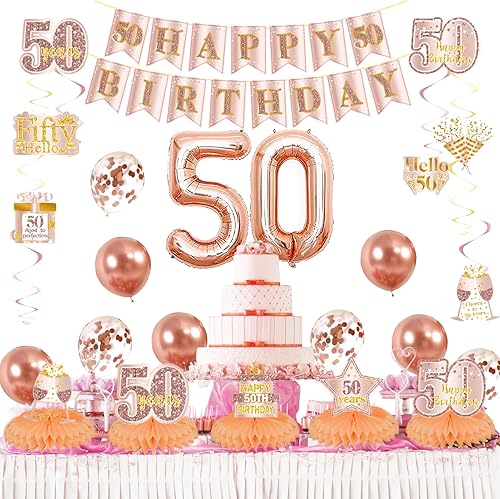 Miniatura 6 de Crenics Decoraciones de cumpleaños número 50 para mujer, pancarta de feliz cumpleaños 50, centros de mesa de panal, espirales colgantes y globos