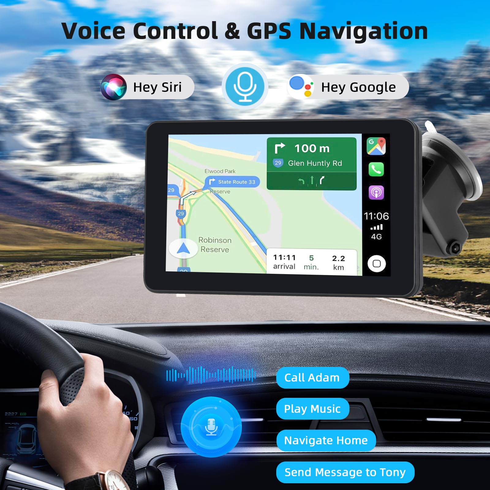 Carplay Voiture pour sans Fil Carplay & Android Auto, 7 Pouces Ecran Voiture, Drive Buddy Android Auto, Autoradio Portable avec Bluetooth, Mirrorlink, GPS Navigation, Assistant Vocal, FM, AUX