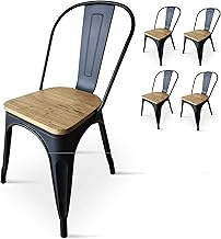 Kosmi - Lot de 4 chaises en métal Noir Mat et Assise en Bois Clair - Style Industriel