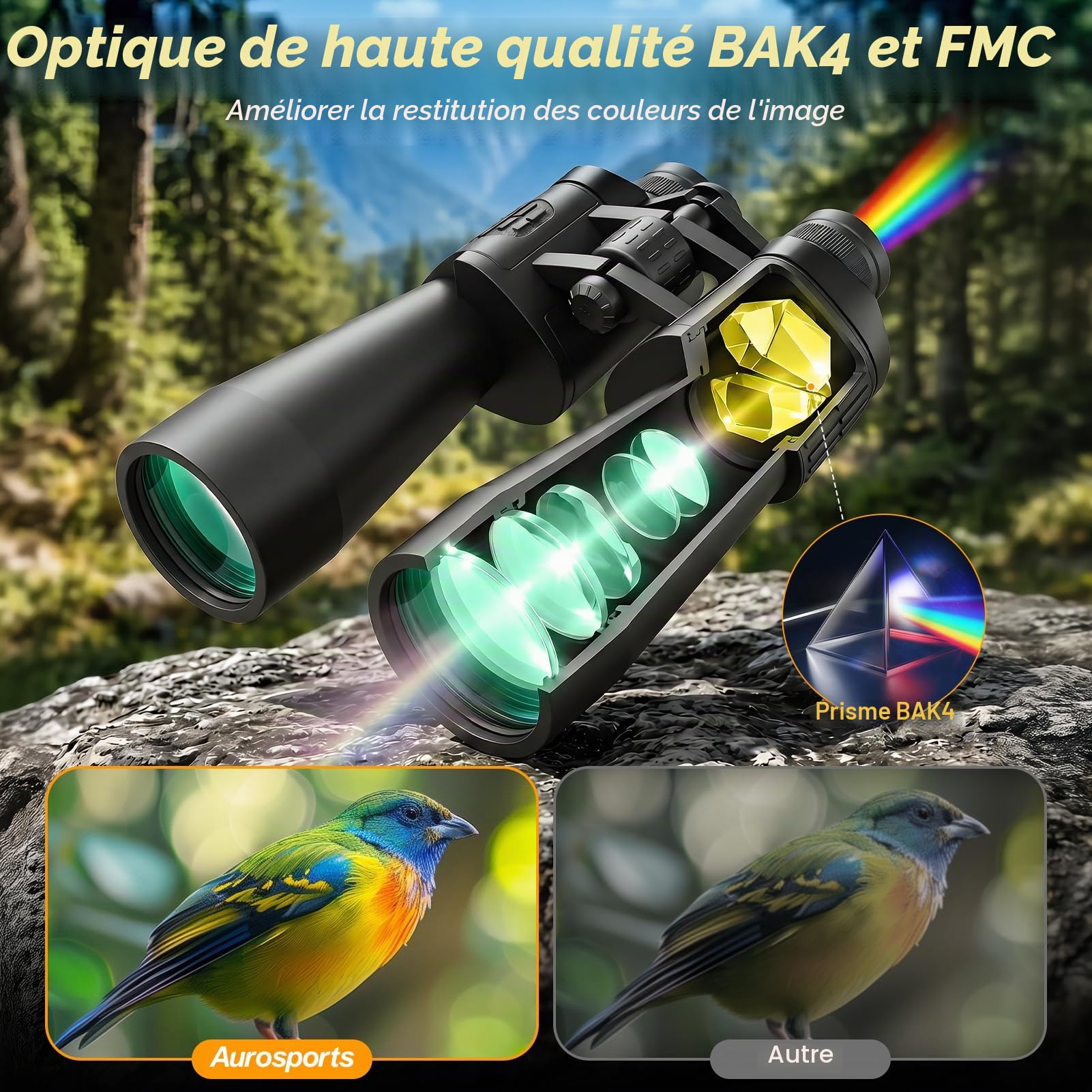 Aurosports Jumelles 20x70 HD Haute Puissance BAK4 Prisme pour Adultes Observation Oiseaux Chasse Voyages