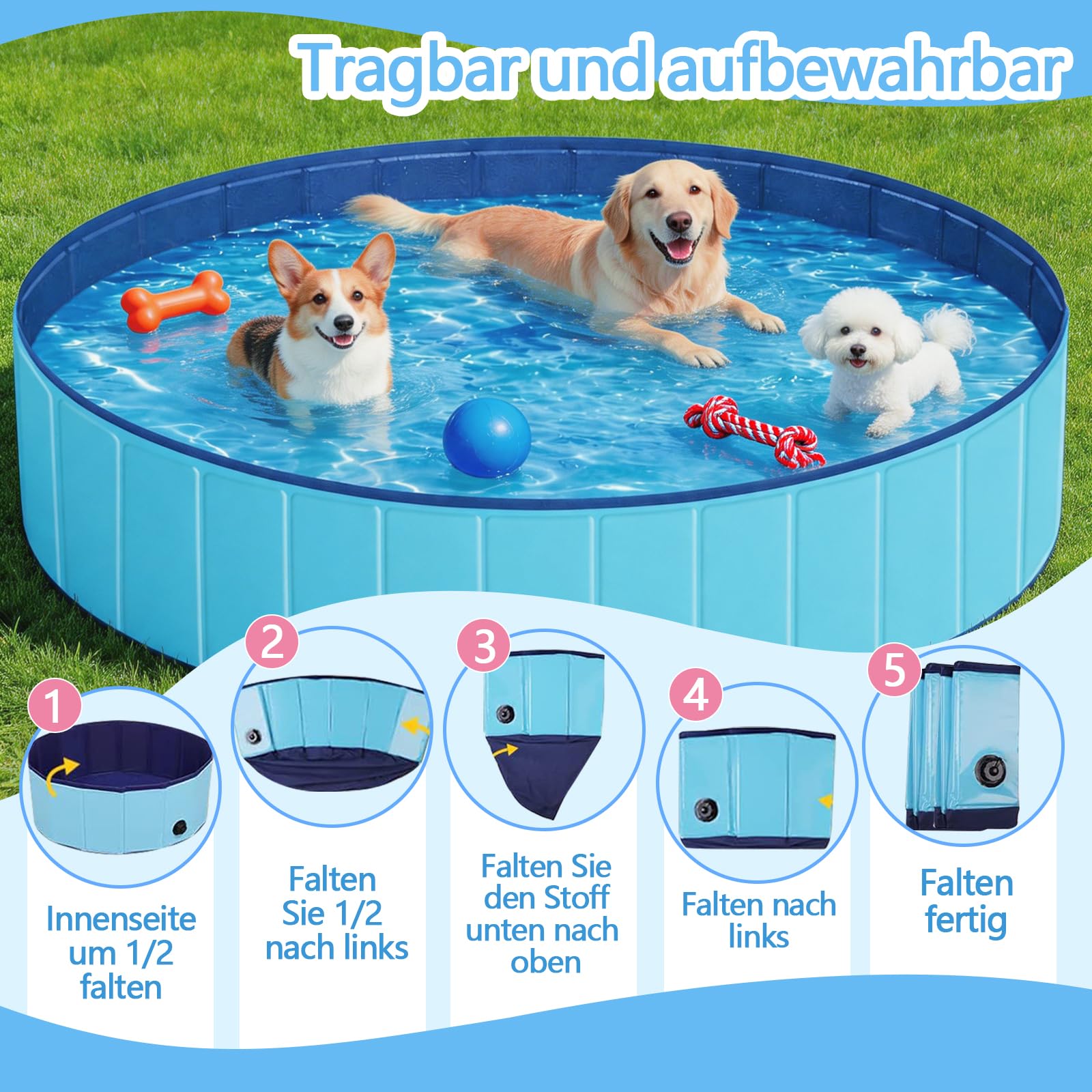 Hundepool für Mittel- und Großhunde, Planschbecken für Hunde 160 x 30 cm, Tragbarer Außen-Hundebadewanne mit Schnellablaufventil, Auslaufsicherer Planschpool für Garten & Terrasse (L - Ø160cm)