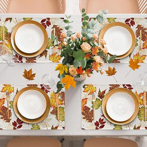 Miniatura 7 de Seliem Juego de 4 manteles individuales de hojas de arce otoñales, manteles individuales de otoño con hojas doradas y rústicas para mesa de comedor,