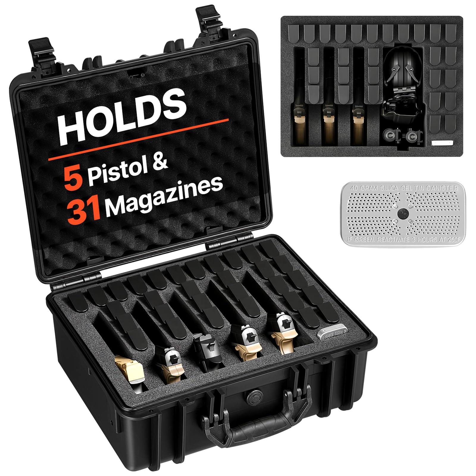 VEVOR Estuche Rígido para Pistola con Revestimiento de Espuma XPE, Funda para 5 Pistolas, Resistente al Agua y Polvo con Interior Personalizable y Asa 475 x 415 x 215 mm, Negro, Cumple con la TSA