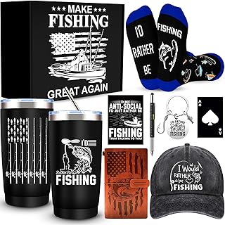 9 Pcs Fishing Gift Set for Men: 20 Oz Black Stainless Steel Insulated Tumbler, Vintage Baseball Cap, Fishing Socks, Leather Journal, Keychain & More