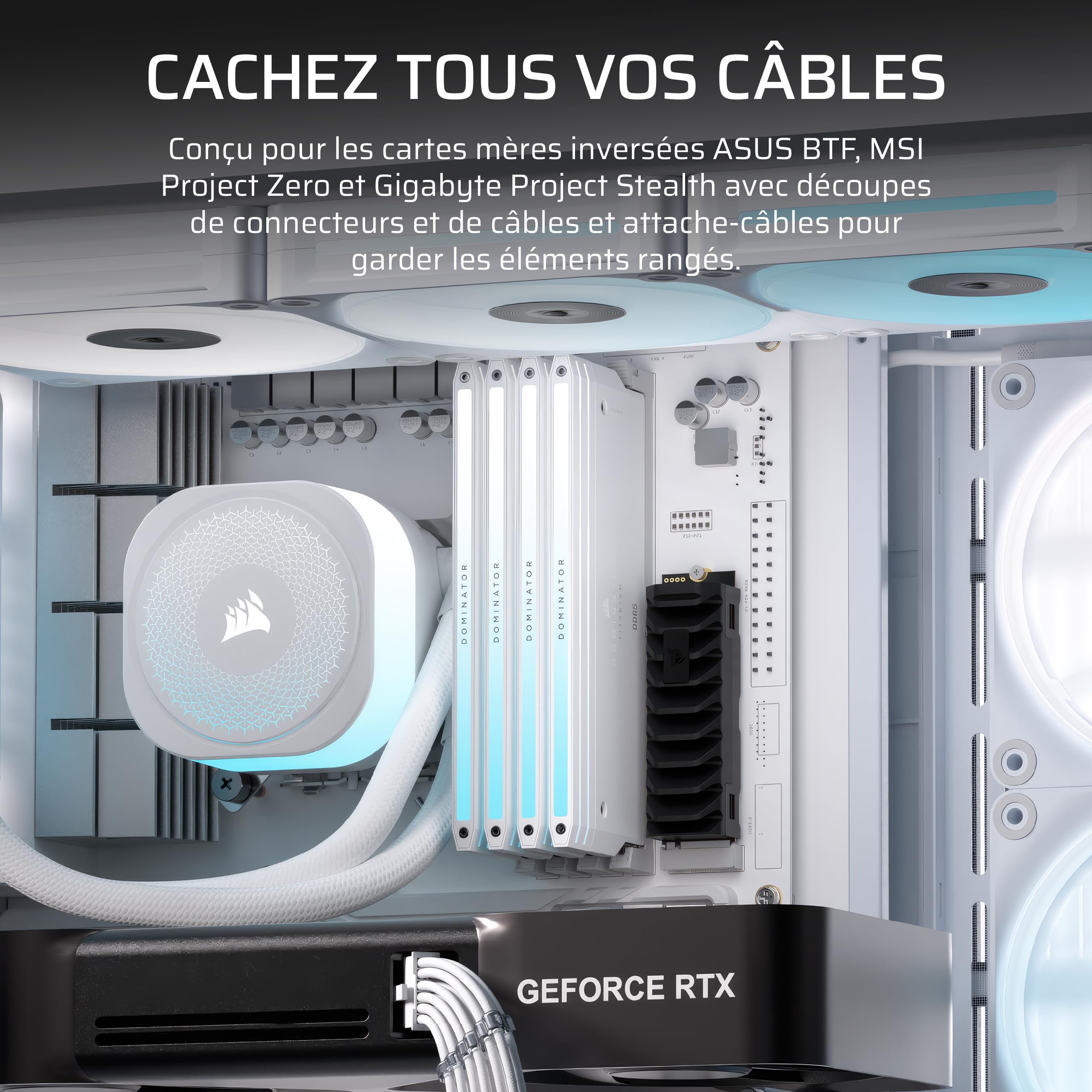 CORSAIR Frame 4500X LX-R RGB Link Boîtier PC Moyen-Tour en Verre Panoramique – Système de Fixation du Ventilateur InfiniRail, Peut Accueillir Deux Radiateurs de 360 mm, 3X LX120-R RGB Link – Blanc