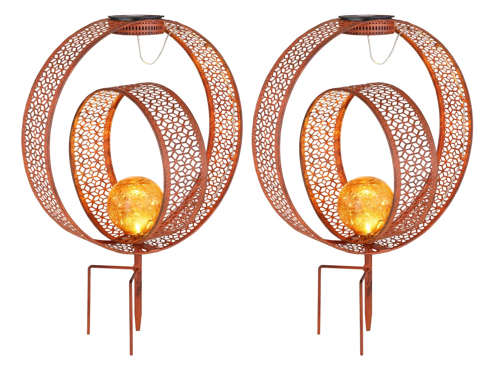 Set di 2 luci solari con punzonature decorative effetto ruggine e sfera di vetro, altezza 42 cm