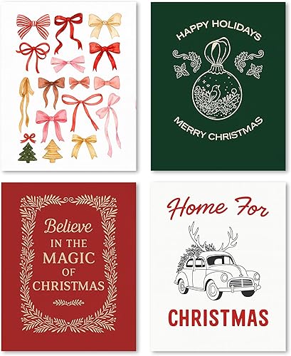 Miniatura 1 de FGFK Juego de 4 impresiones artísticas vintage de Navidad rojas y verdes, elegantes bolas de lazo de Navidad, pósteres retro para automóvil,