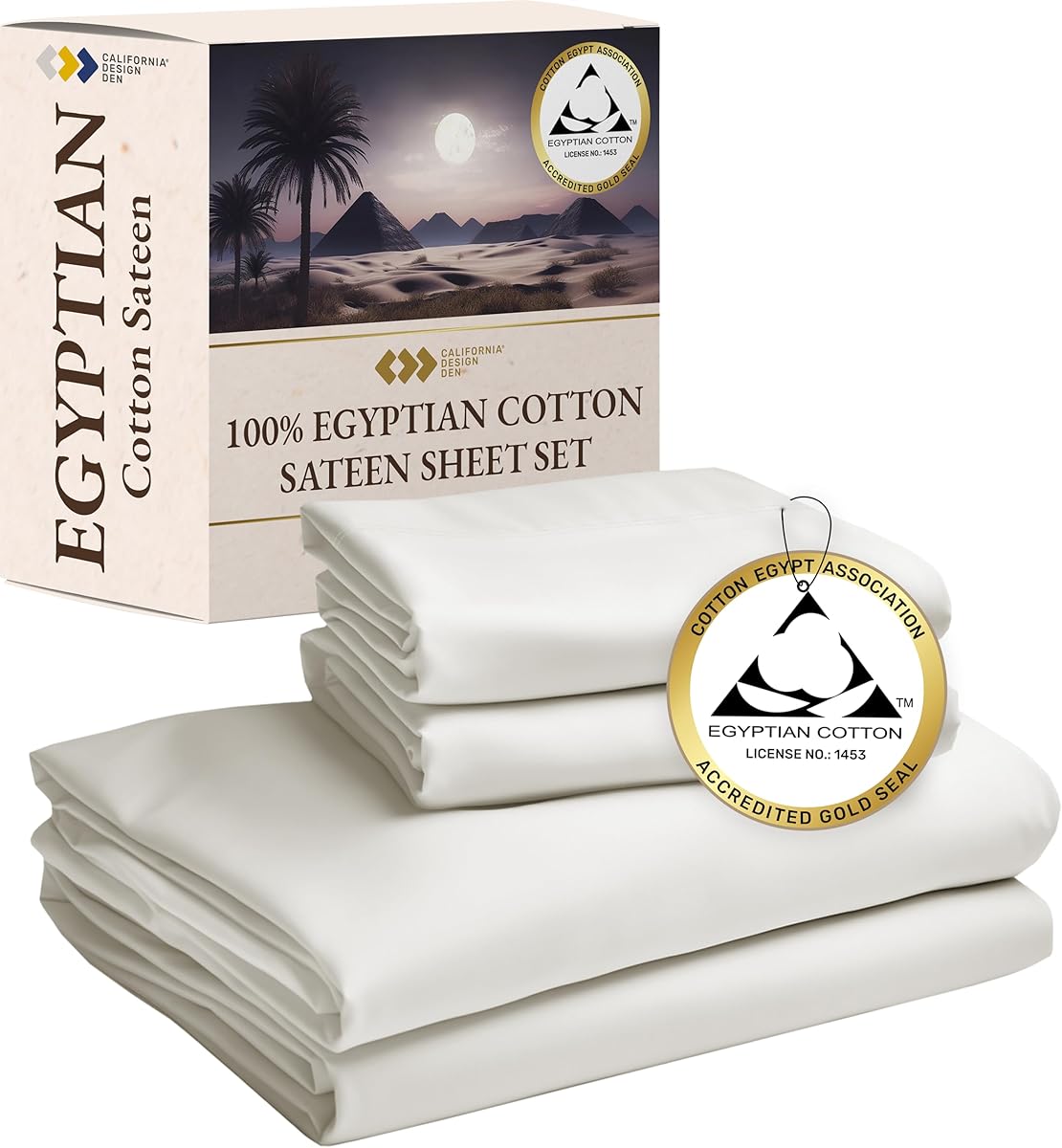 California Design Den Certified Luxury 100% Egyptian Cotton Bed Sheets Queen Size, Deep Pocket Bed Sheets Set, Sateen Cooling Sheets for Hot Sleepers, Creamy Ivory Sheet Set Queen