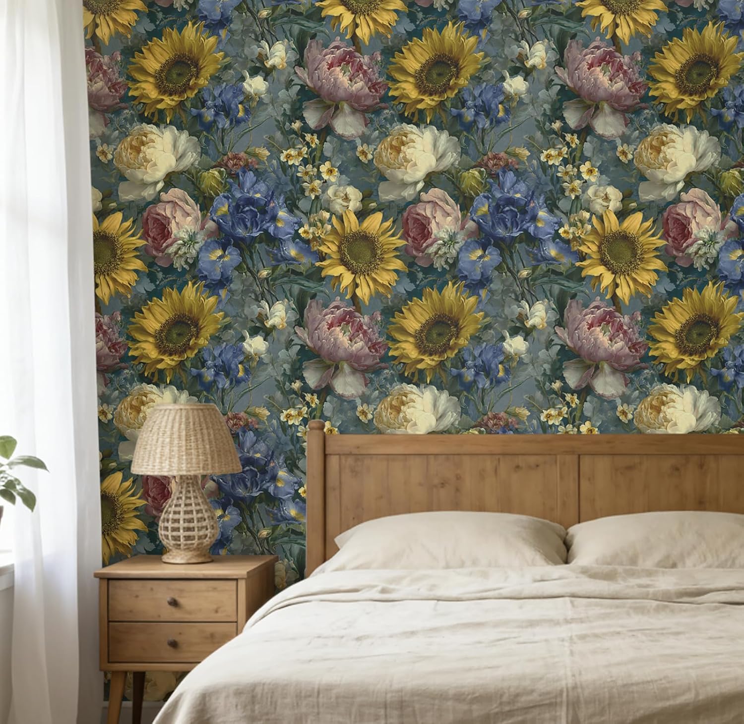 HeloHo Colorful Floral Peel and Stick Wallpaper Self Adhesive Removable Wallpaper for Bedroom Large Green/Blue Sunflower/Peony Flower Contact Paper for Bathroom Cabinet Decor Vinyl Roll 17.7" x 78.7"