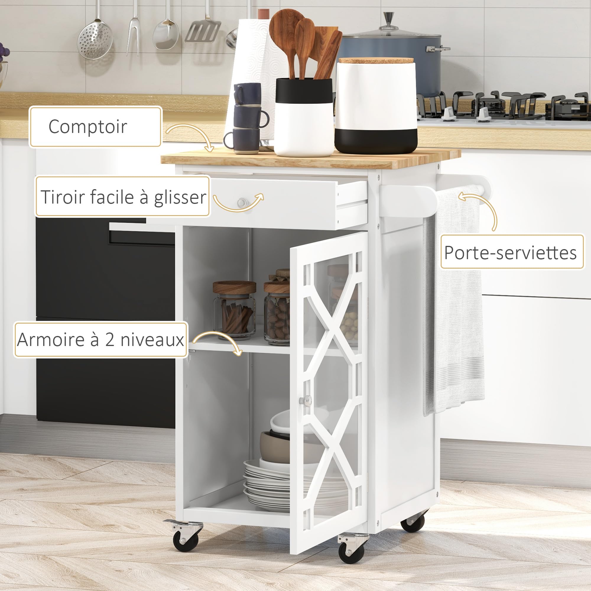 HOMCOM Carro de Servicio con Ruedas Dim. 63 x 45 x 86 cm, Madera Blanca | Postre de cocina, cajón, armario, toallero, mueble con ruedas
