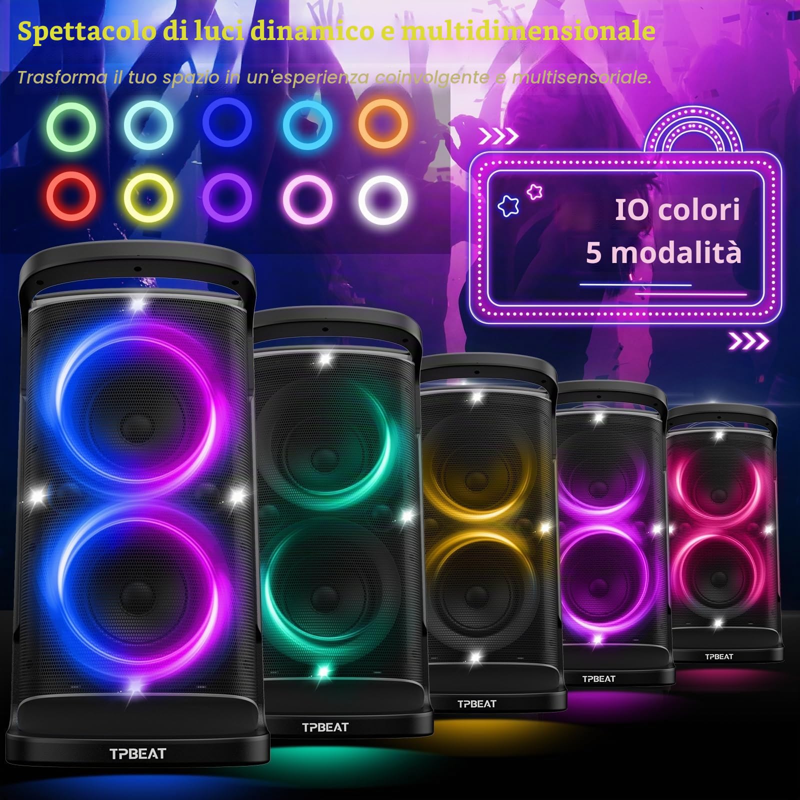 TPBEAT Cassa Bluetooth Portatile Potente,160W (Peak) Party Wireless Altoparlante Bluetooth, Super Bass, Speaker TWS Stereo, Batteria 15000 mAh, Fast Charging, con Luce LED per Party, Campeggio