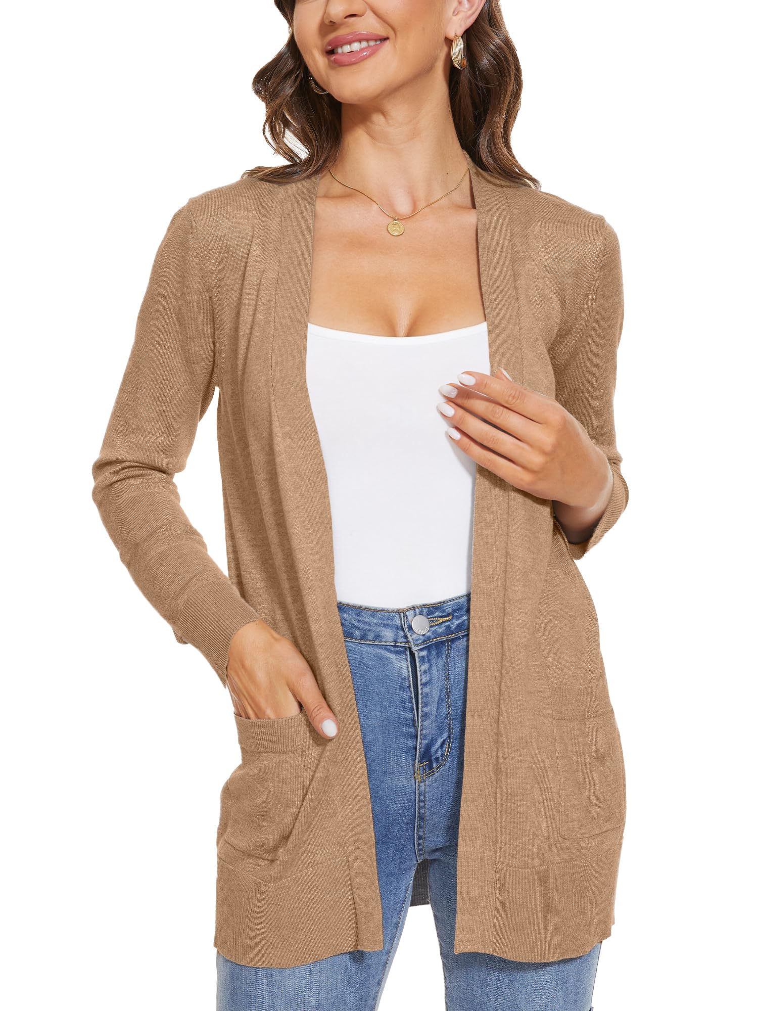 INKOFF Womens Open Front Long Sleeve Lightweight Cardigan Sweaters with Pockets