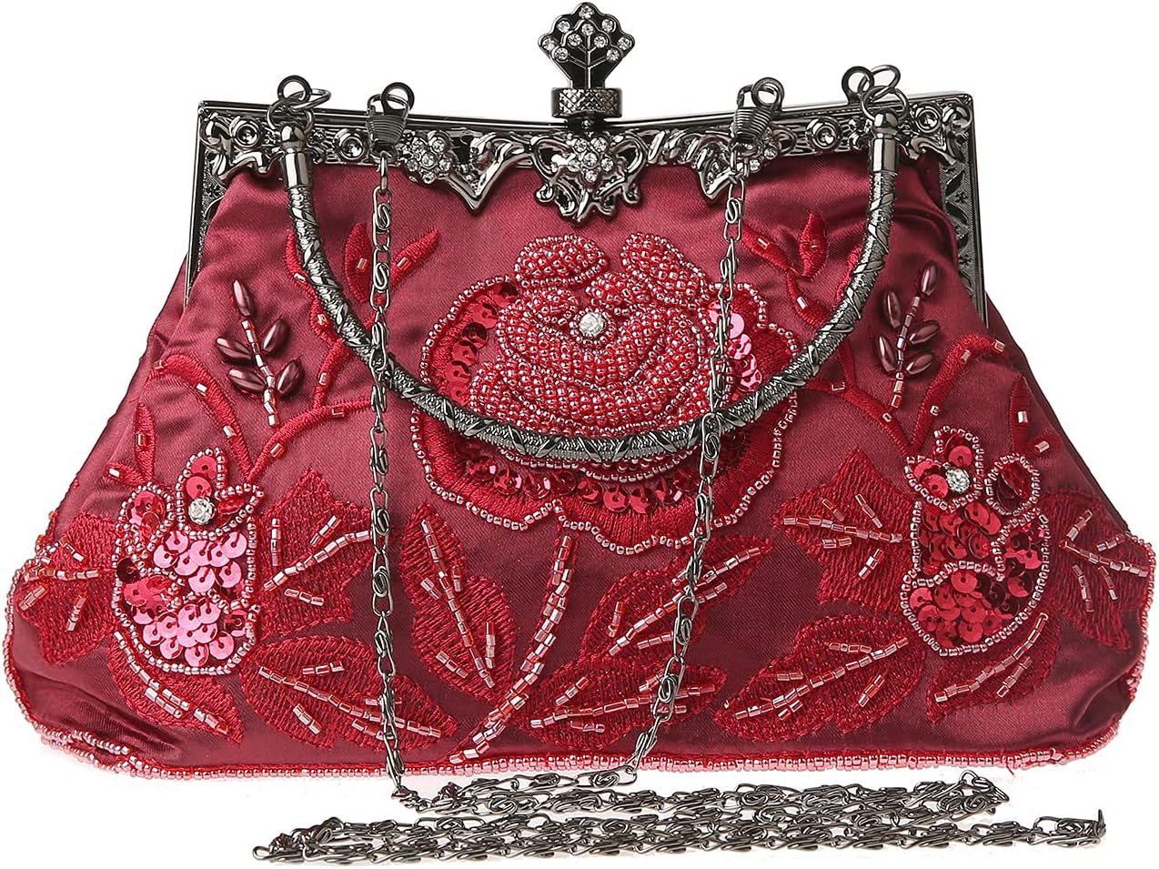 Womens Vintage Floral Beaded Rhinestone Embroidery Clutch Sequin Crossbody Bag Evening Handbag for Bridal Wedding Party Prom | Vintage, Floral, Beaded, Rhinestone, Embroidery, Sequin - Image 6