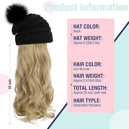 Miniatura 5 de Lansigreen Gorro con peluca, gorro con cabello, extensiones largas onduladas, gorro de punto con pompones, 20 pulgadas, sintético, extraíble, para