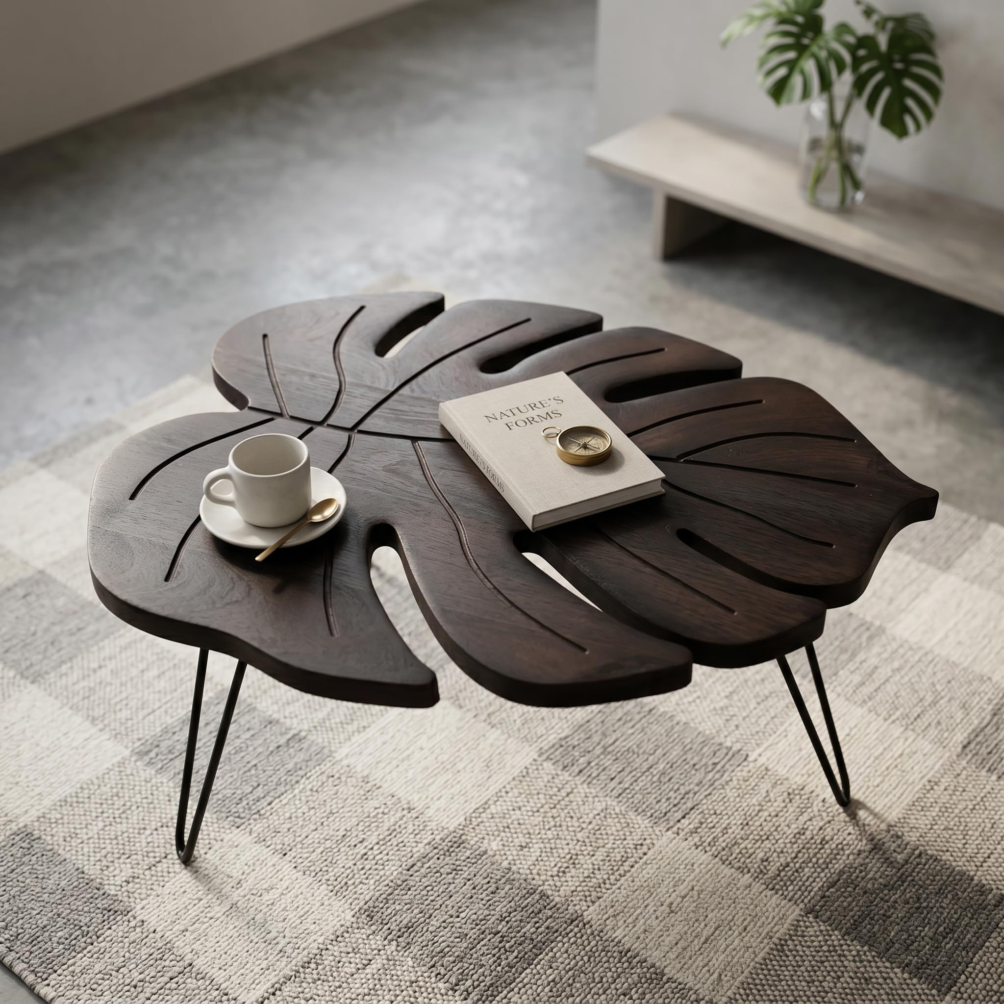 Atrangi Decor Leaf Coffee Table | Handcrafted Solid Mango Wood Center Table | Modern Wooden Coffee Table for Living Room | Premium Home Decor Furniture, Table, Black Antique.-image-28
