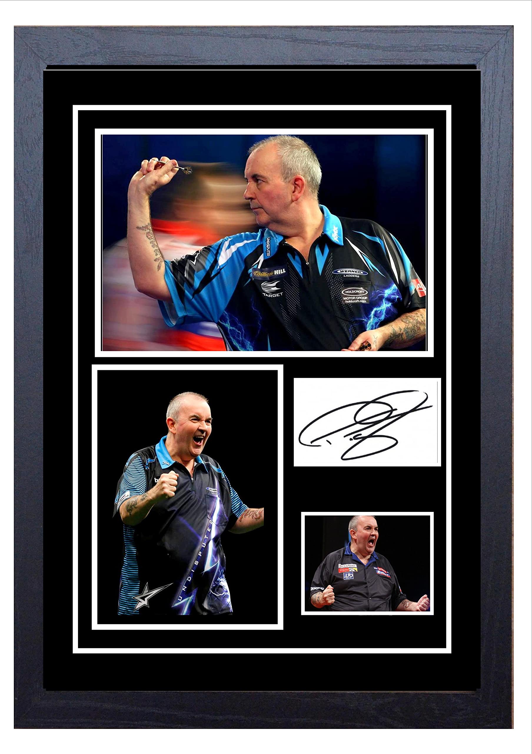 PHIL TAYLOR DARTS SIGNED AND FRAMED A4 PRINT (330mm x 240mm including frame) FRAMED IN A BEAUTIFUL BLACK FRAME. THE FRAME COMES WITH GLASS NOT CHEAP PLASTIC PERSPEX.