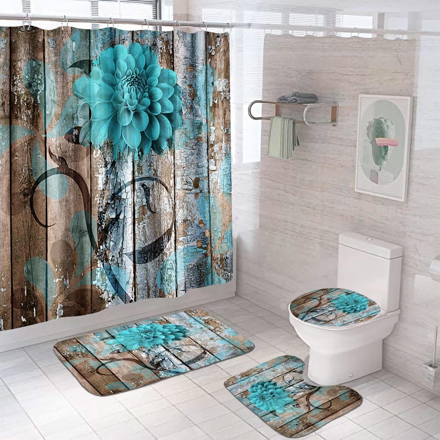 Amazon.com: BUSOIYOU 4 Pcs Farmhouse Floral Flower Shower Curtain Set ...