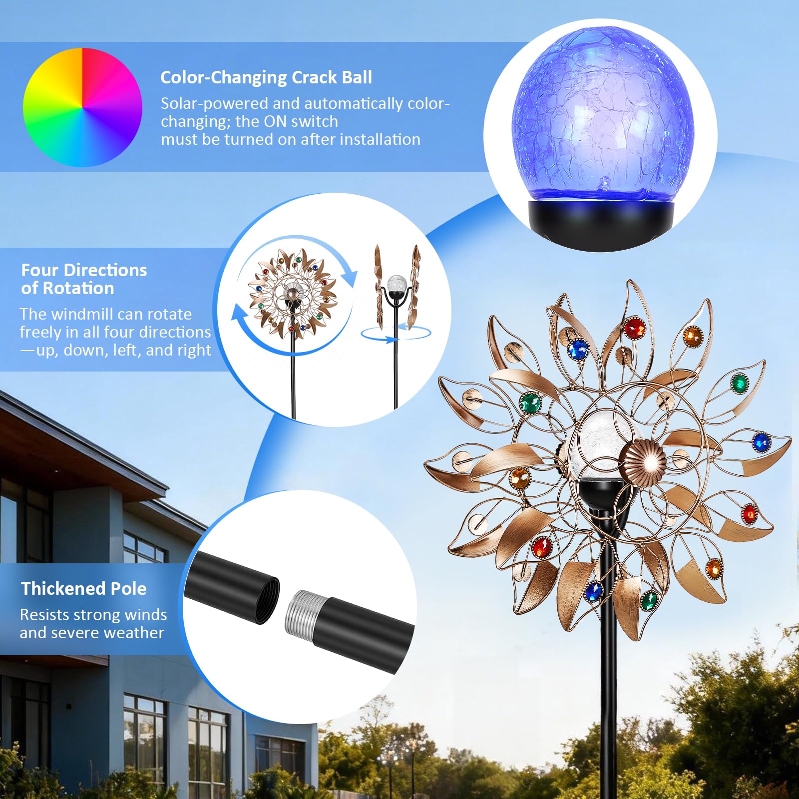 Solar Windrad Garten Metall mit Farbwechsel LED - Großes Windspiel Garten 190cm, Wetterfestes Windspiel Metall mit Federblättern & Kupfer-Optik, Windmühle für Außen Terrasse Balkon