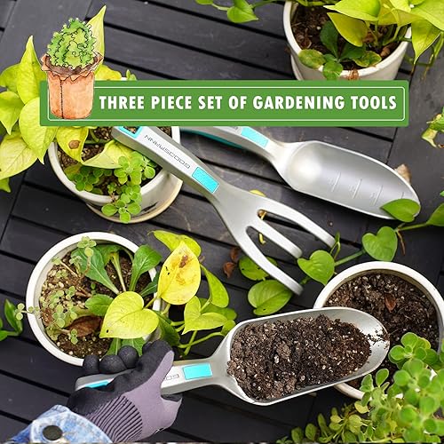 Miniatura 2 de GOODSMANN Juego de herramientas de jardín, 3 piezas, kit de jardinería de aluminio fundido a presión, paleta de mano, medidas de marcadores,