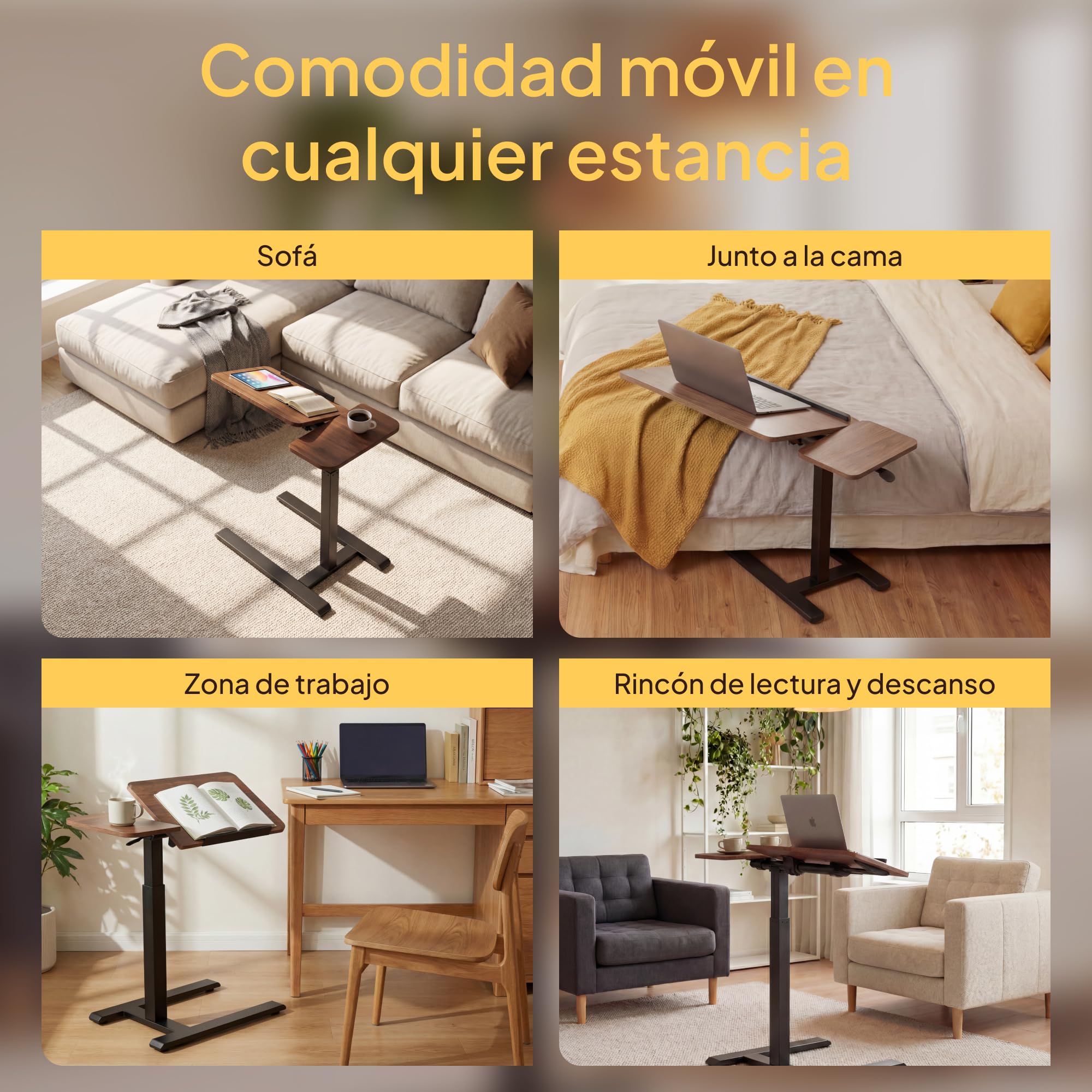 Viviendo Mesa Auxiliar para Cama con Ruedas, Marrón, Regulable en Altura 68–108 cm con Pistón de Gas, Mesa para Ordenador Portátil con Tablero Inclinable, para Cama, Sofá y Oficina, 70 x 40 cm