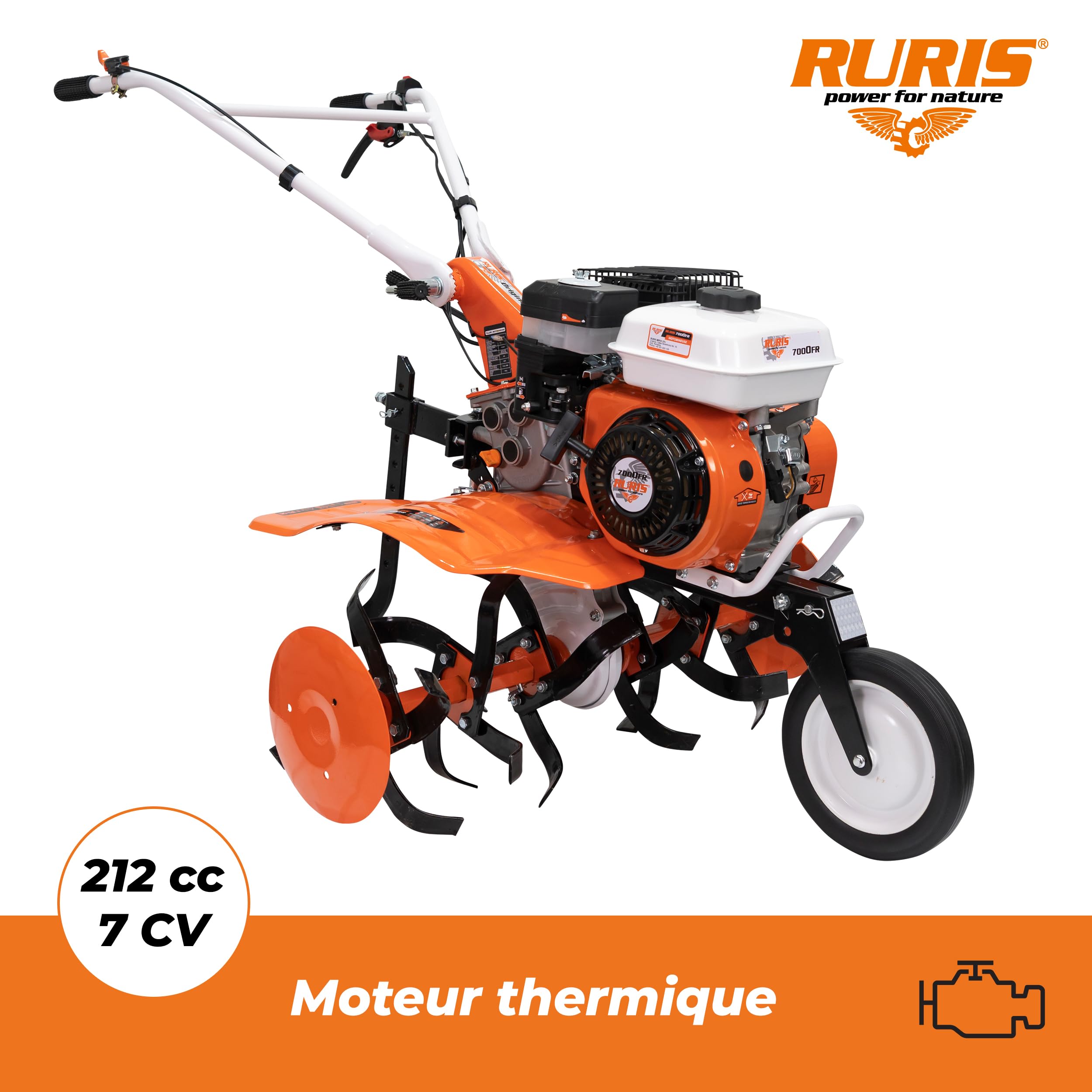 RURIS POWER FOR NATURE Motobineuse 7000fr, 7 CV, 24 Fraises, Largeur de Travaille 560-830mm, guidons Ajustable + Butteur + Lot Contrepoids 10kg, Orange