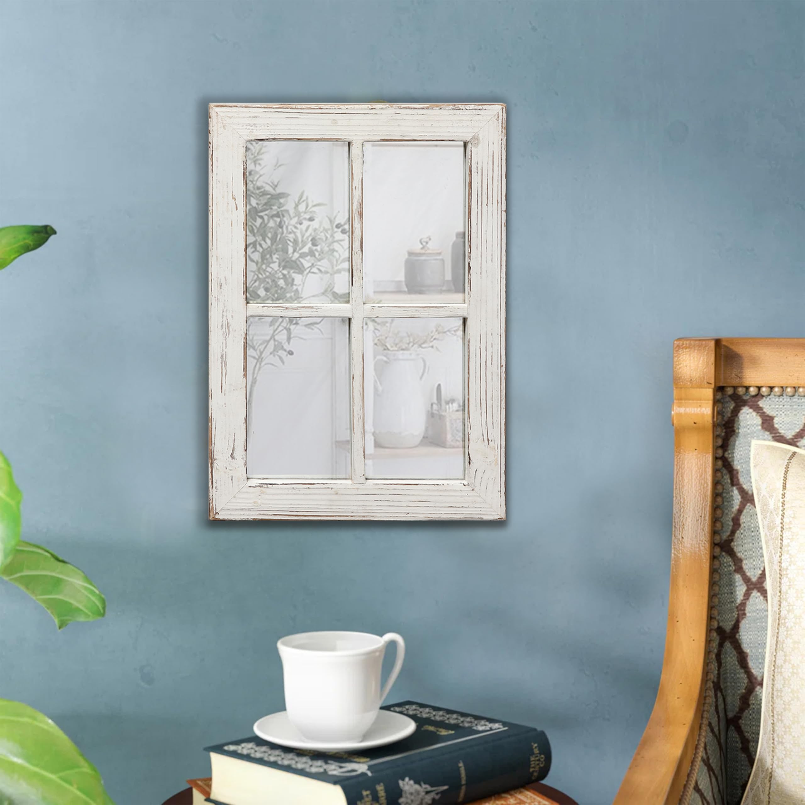 Espejo rústico para ventana pequeña, decoración de pared de 11 x 16 pulgadas, espejo rectangular con marco de madera blanco envejecido, espejos decorativos hechos a mano para sala de estar, 5