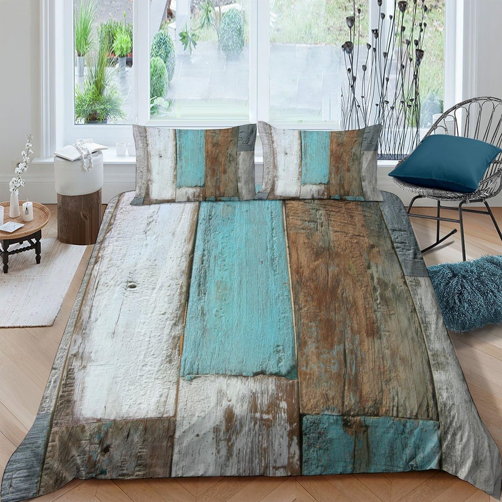 Ctjqhvkz Style-8 3D Printed Rustic Wood Plank Fitted Sheet Microfiber Soft Turquoise Vintage Mattress Cover For Bedroom Guest Room Decor Single（135X200cm）