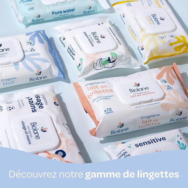 BIOLANE - Lingettes bébé visage et mains - Lot de 3 paquets - 192 Lingettes (3x64) - Nettoie et protège - Toilette - Peaux Sensibles - 97% d'ingrédients naturels - 5