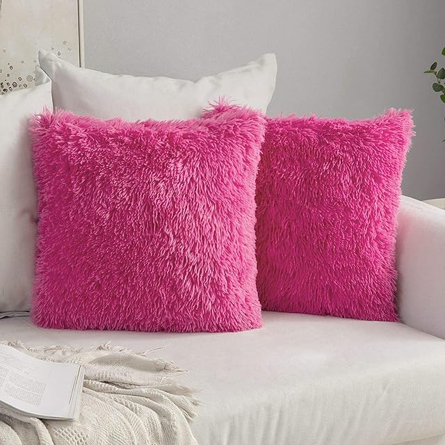 MIULEE Faux Fur Cushion Covers Fluffy Throw Pillow Case Soft Decorative Square Cute Pillow Plush Case For Livingroom Sofa Bedroom 18 x 18 Inch 45 x 45 cm Rose Red Pack of 2