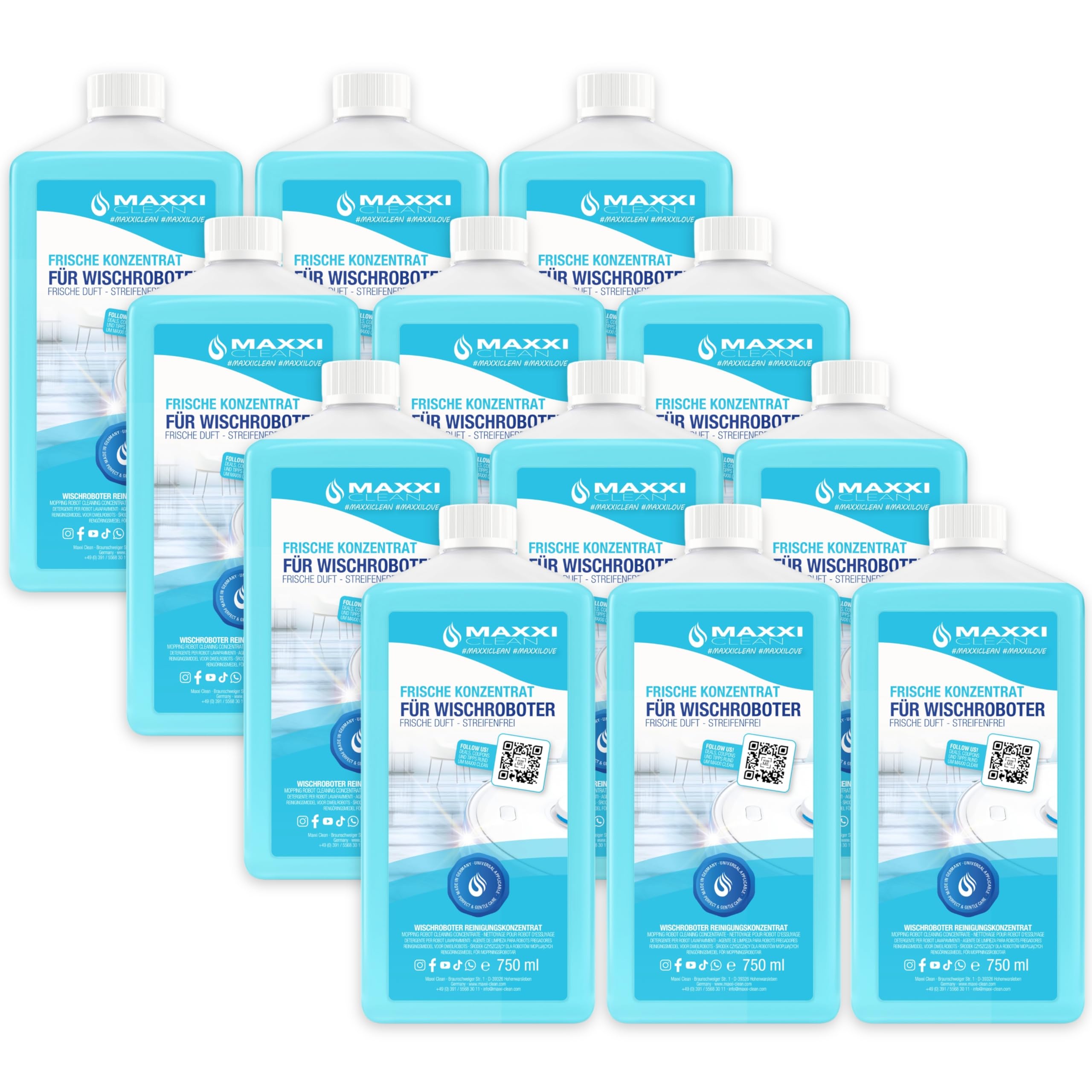 Maxxi Clean | 12x 750 ml Bodenreiniger mit Frische-Duft | geeignet für alle Wischroboter | Universal Reiniger Konzentrat | Wischflüssigkeit für Boden, Parkett, Fliesen | Saugwischer-Reinigungsmittel