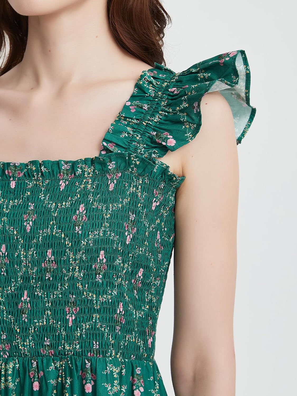 LifeShe Women Summer Floral Midi Flowy Dress Square Neck Smocked Flutter Sleeve Tiered Beach Boho Wedding Guest Dresses - Image 5