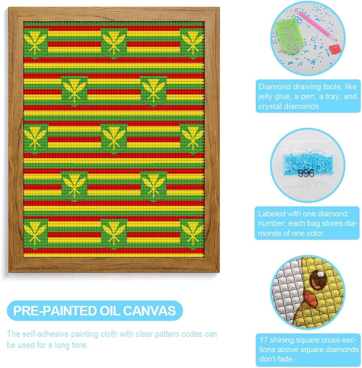 Kanaka Maoli Flag Hawaii Diamond 5D Painting Kits with Frame DIY Full Round Drill Gem Art Crafts for Home Wall Decor 16 X 20in Yellow Wood 40 * 50cm