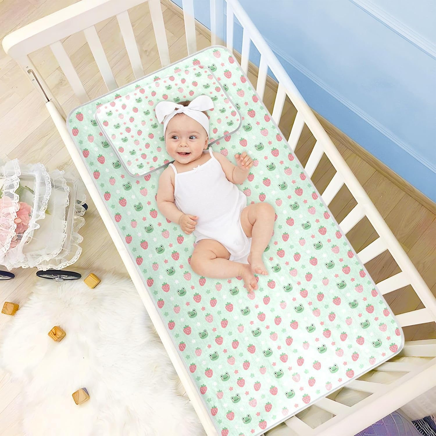 Baby Cooling Mat Cute Strawberries Frogs Ice Silk Breathable Mesh Summer Crib Mattress Pad with Pillowcase, Soft Cooling Sleeping Surface for Infant & Toddler, 52"x28"