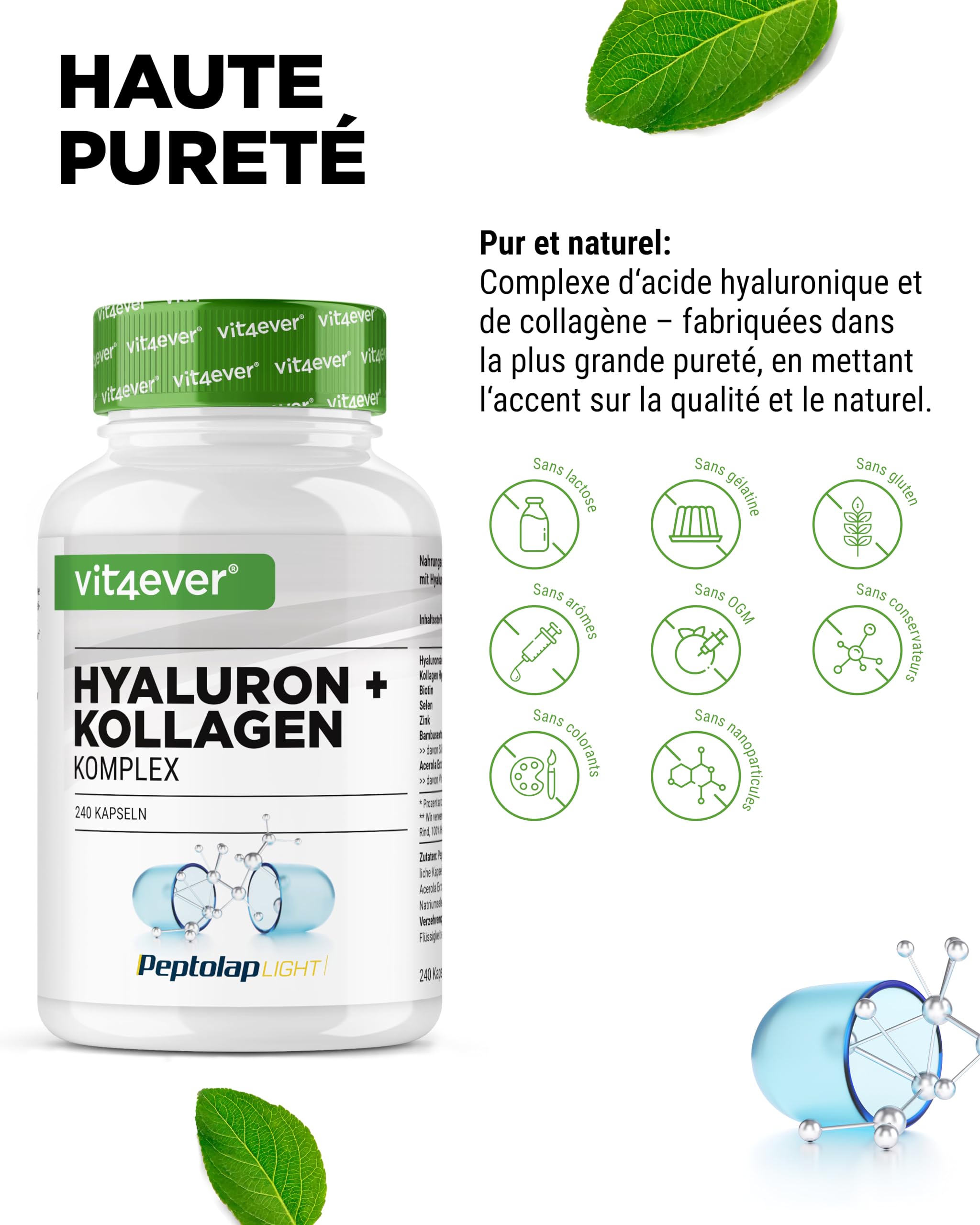 vit4ever Complexe Collagène Acide Hyaluronique - 240 Gélules - Premium: avec de la Biotine Bioactive, du Sélénium, du Zinc, de la Vitamine C Naturelle Issue de l'Acérola et du Silicium Issu du Bambou