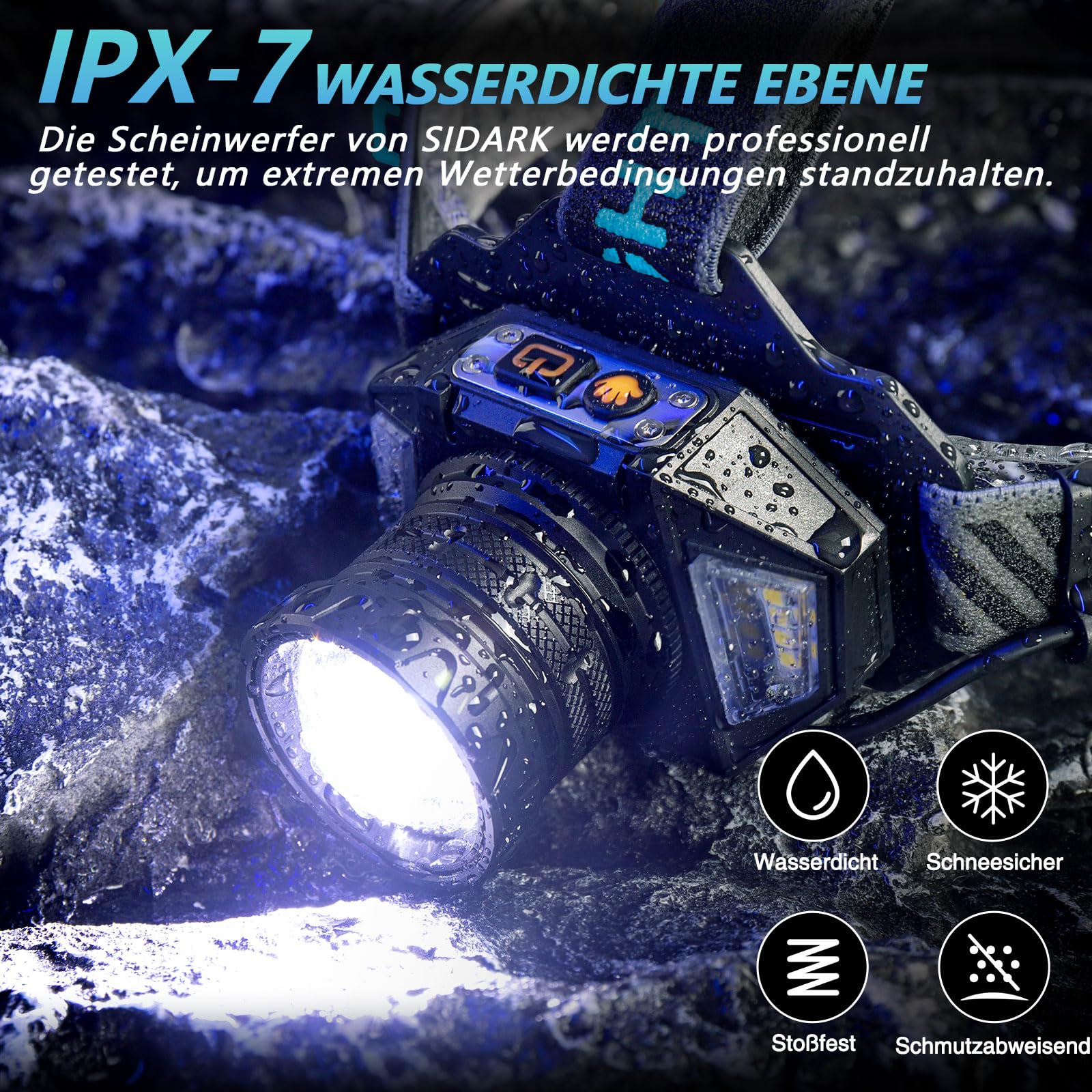 SIDARK Lampe frontale LED rechargeable - Super lumineuse - 120 000 - Haute qualité - Avec 12 modes et capteur - Étanchéité IPX7 - Réglable à 90 ° - Pour le camping