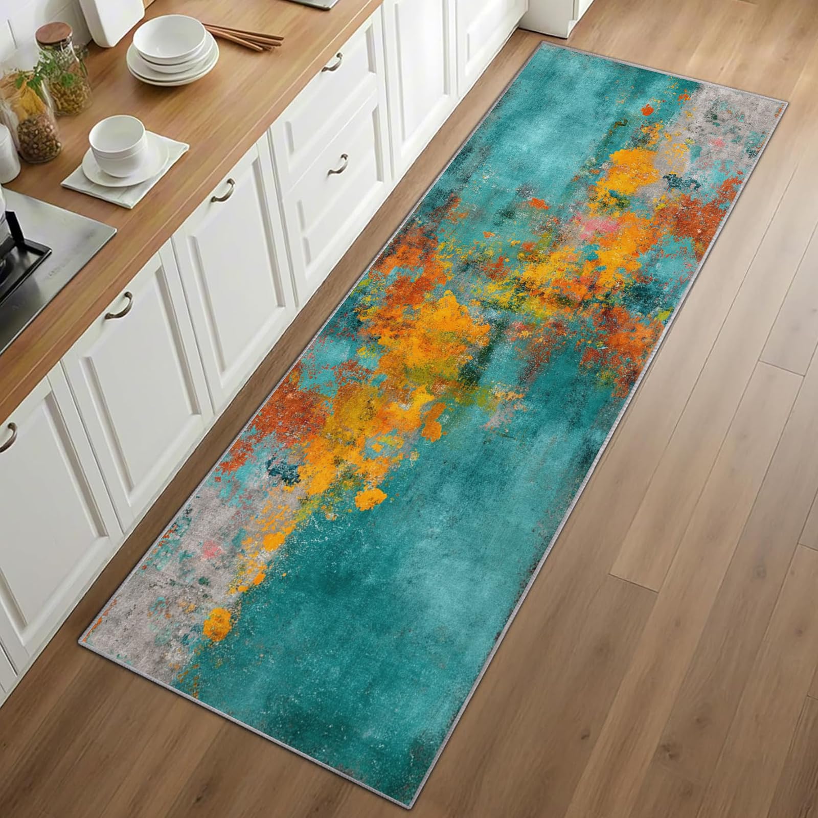 Rustic Cabin Modern Abstract Runner Rug for Hallway 60x200cm Turquoise Teal Carpet Runner, Vibrant Colorful Long Carpet, Soft Non Slip Floor Mats for High Traffic Areas in Home